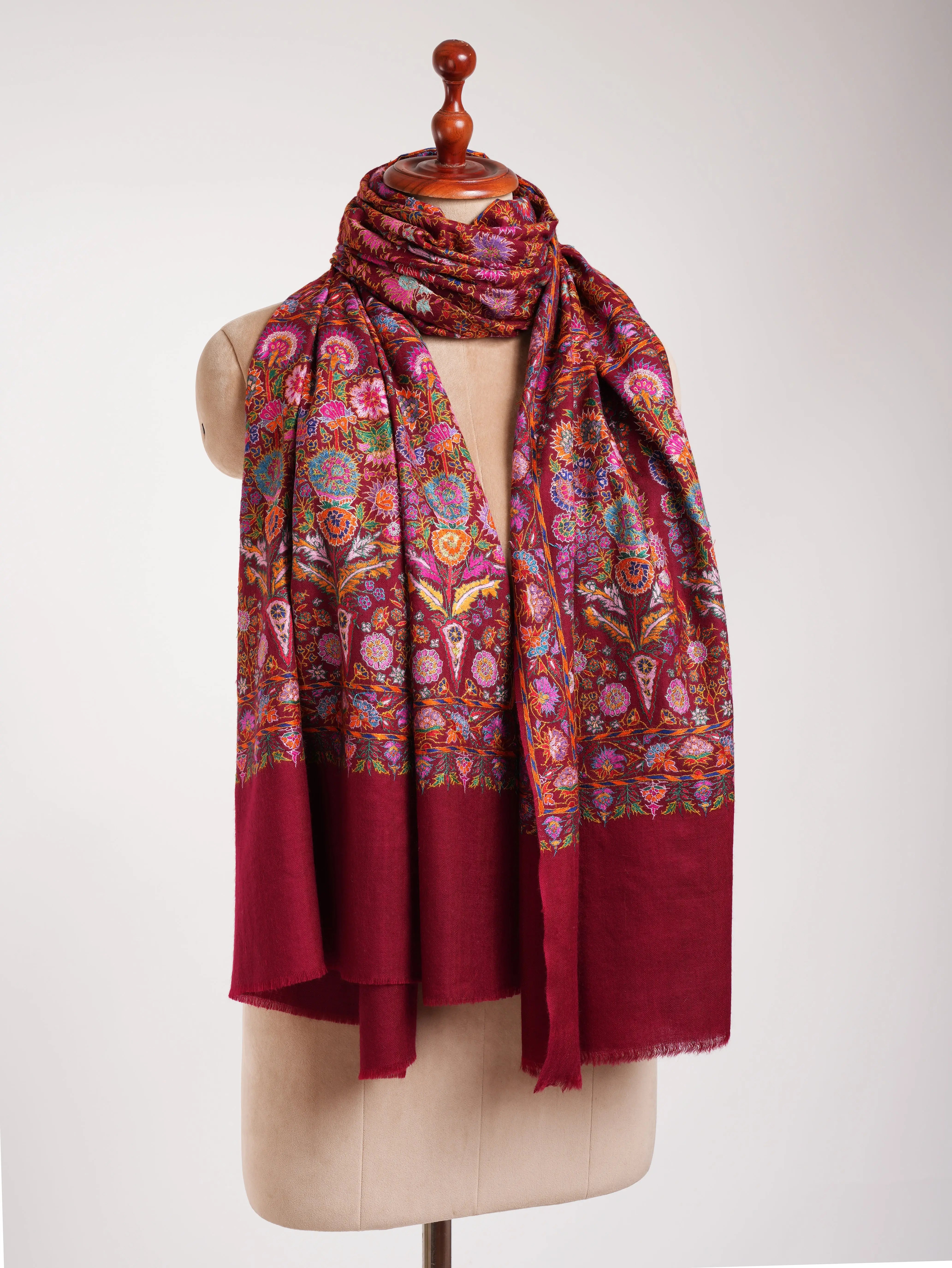 Maroon Hand Embroidered Pashmina Exclusive Jamavar Shawl Shahkaar