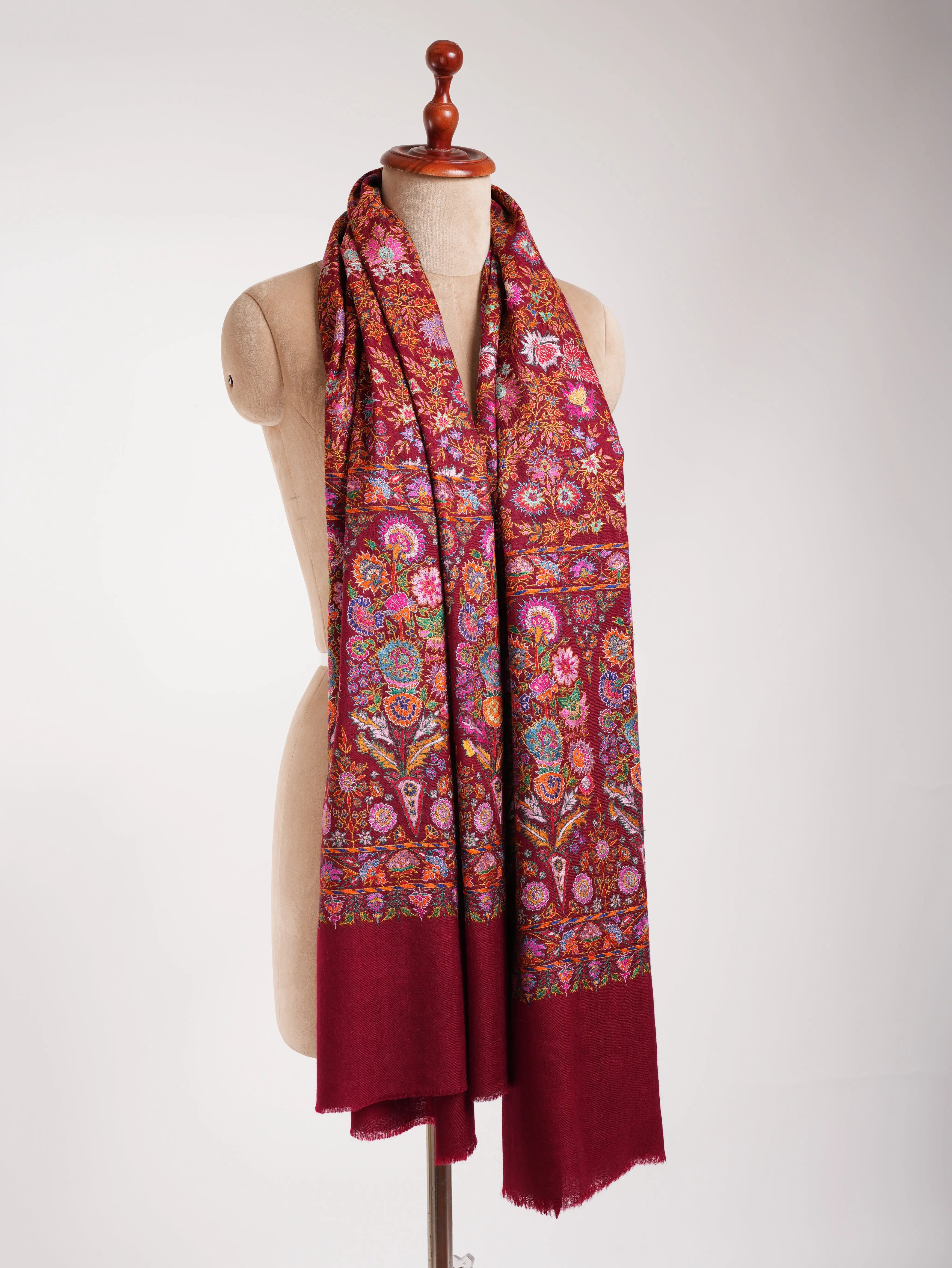 Maroon Hand Embroidered Pashmina Exclusive Jamavar Shawl Shahkaar