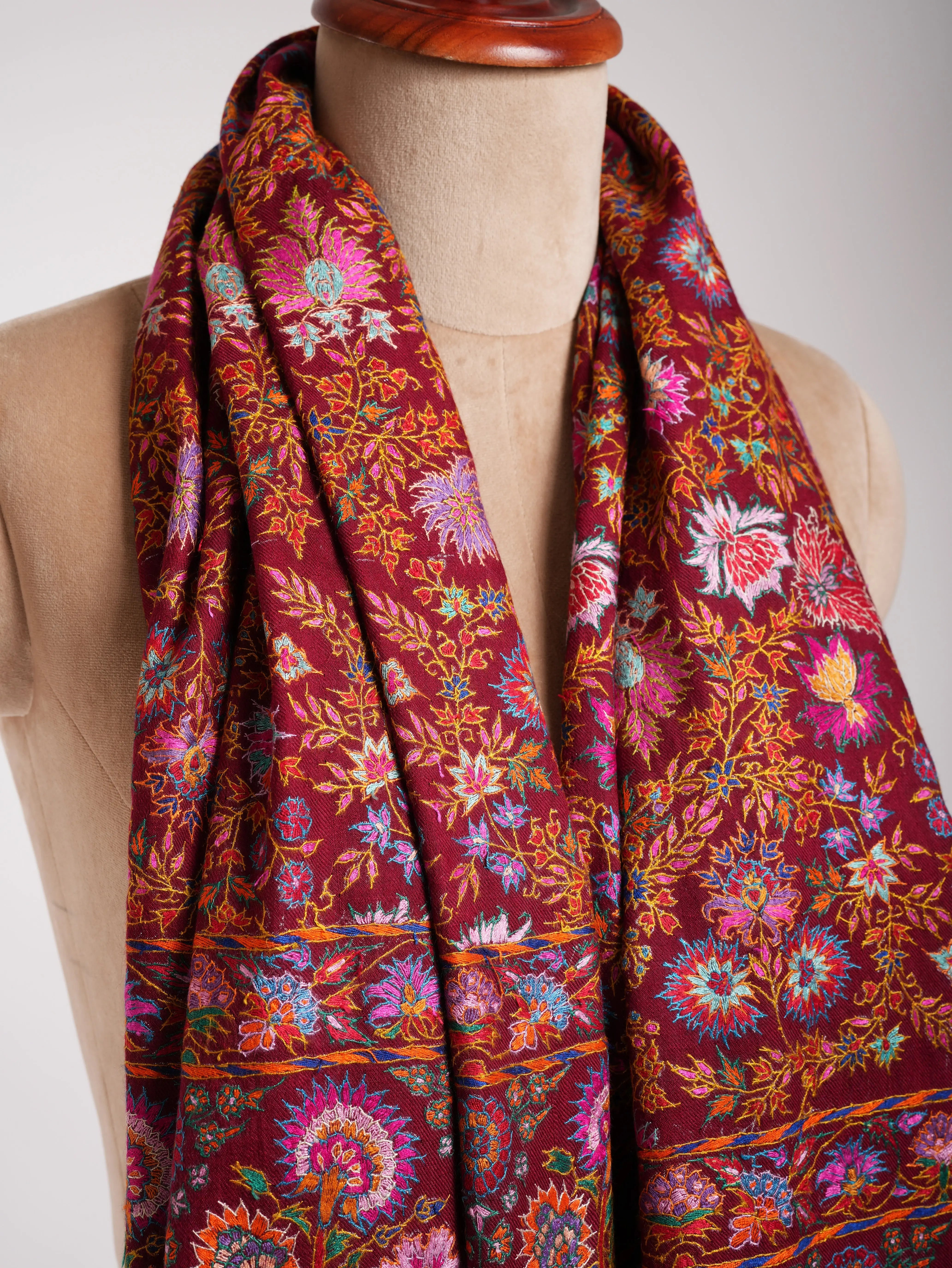 Maroon Hand Embroidered Pashmina Exclusive Jamavar Shawl Shahkaar