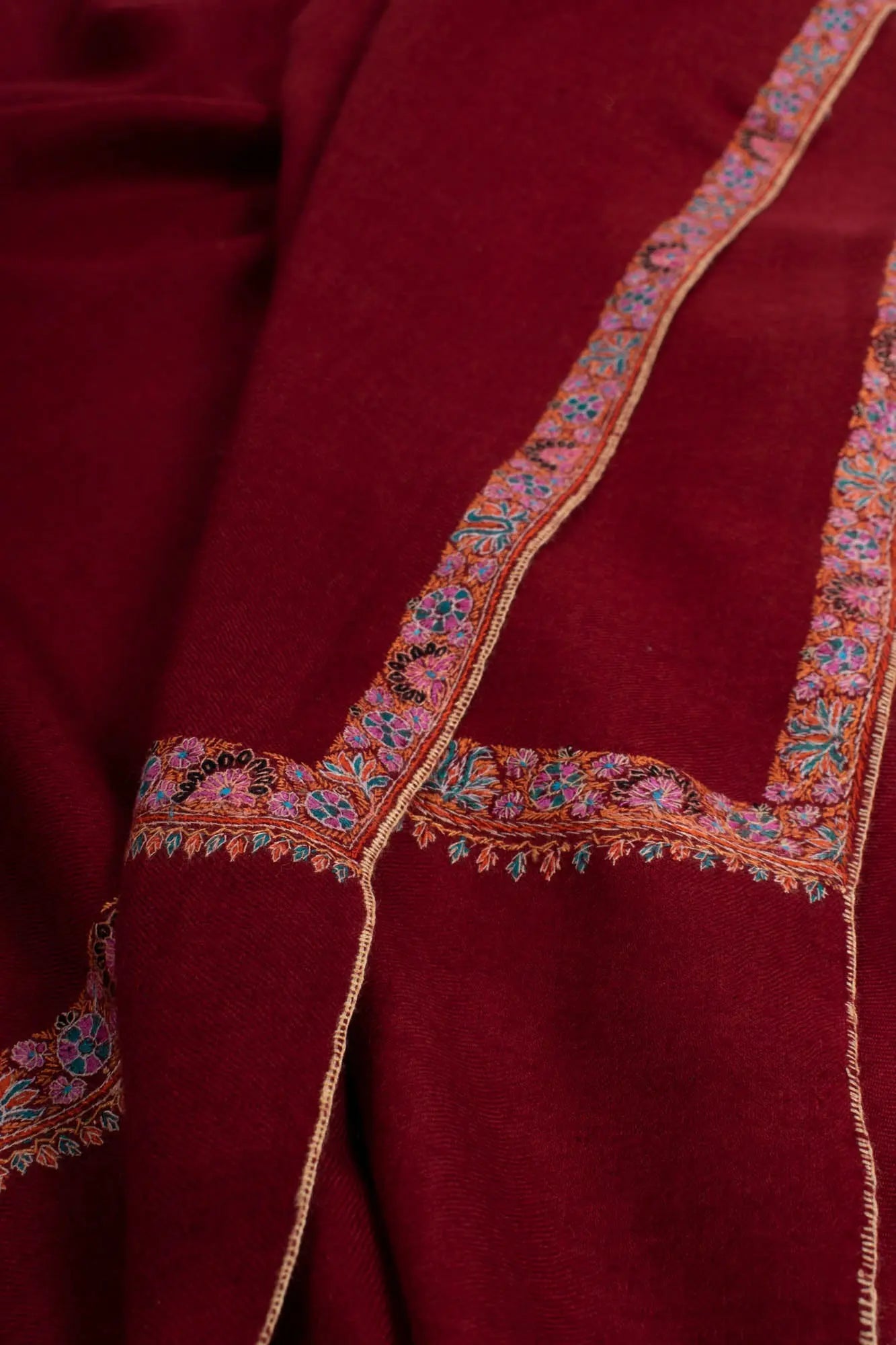 Maroon Pashmina Wrap adorned with meticulous Sozni Embroidery - CONWY Shahkaar