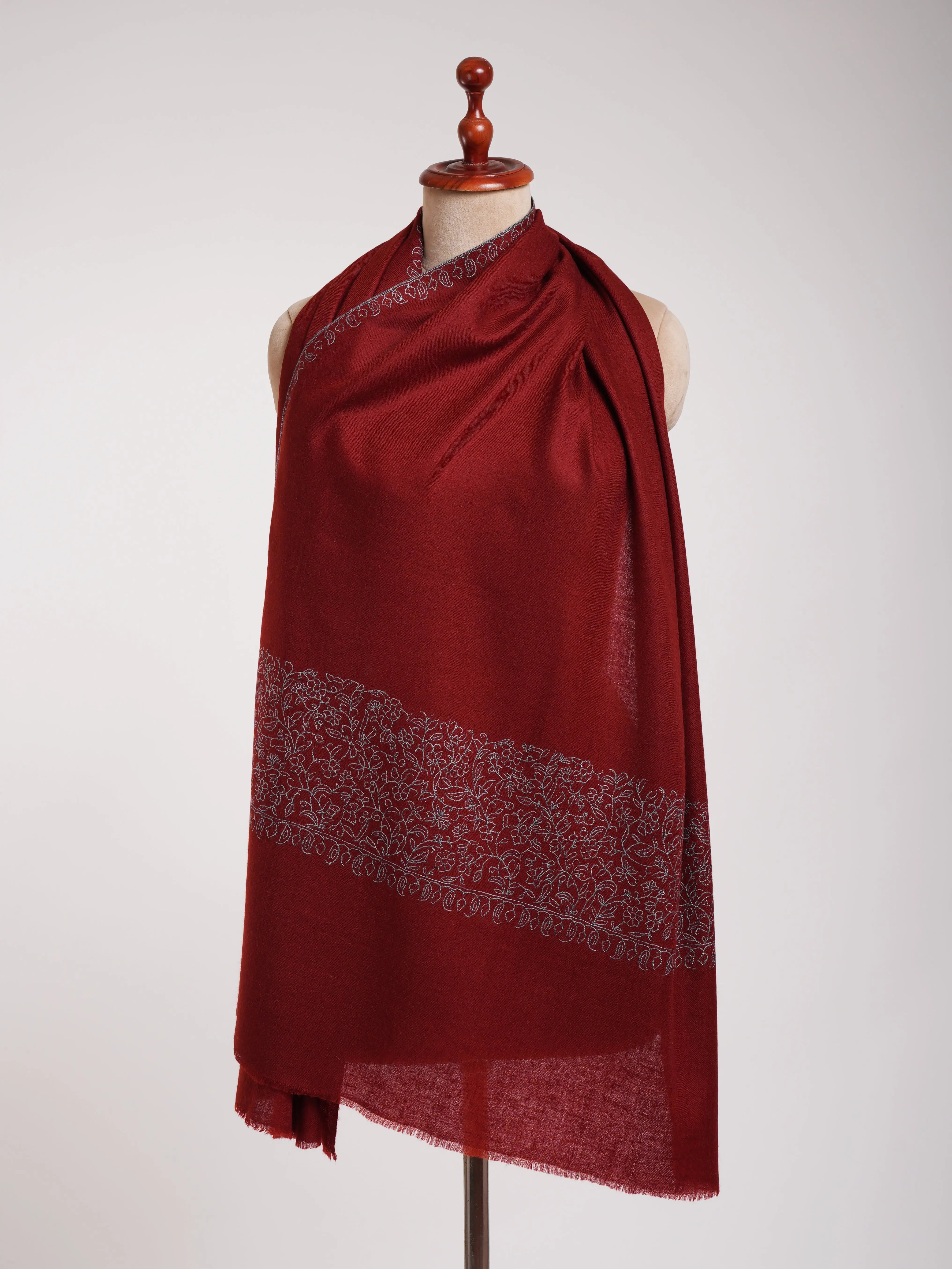 Maroon Real Cashmere Wrap with Blue Embroidery Shahkaar