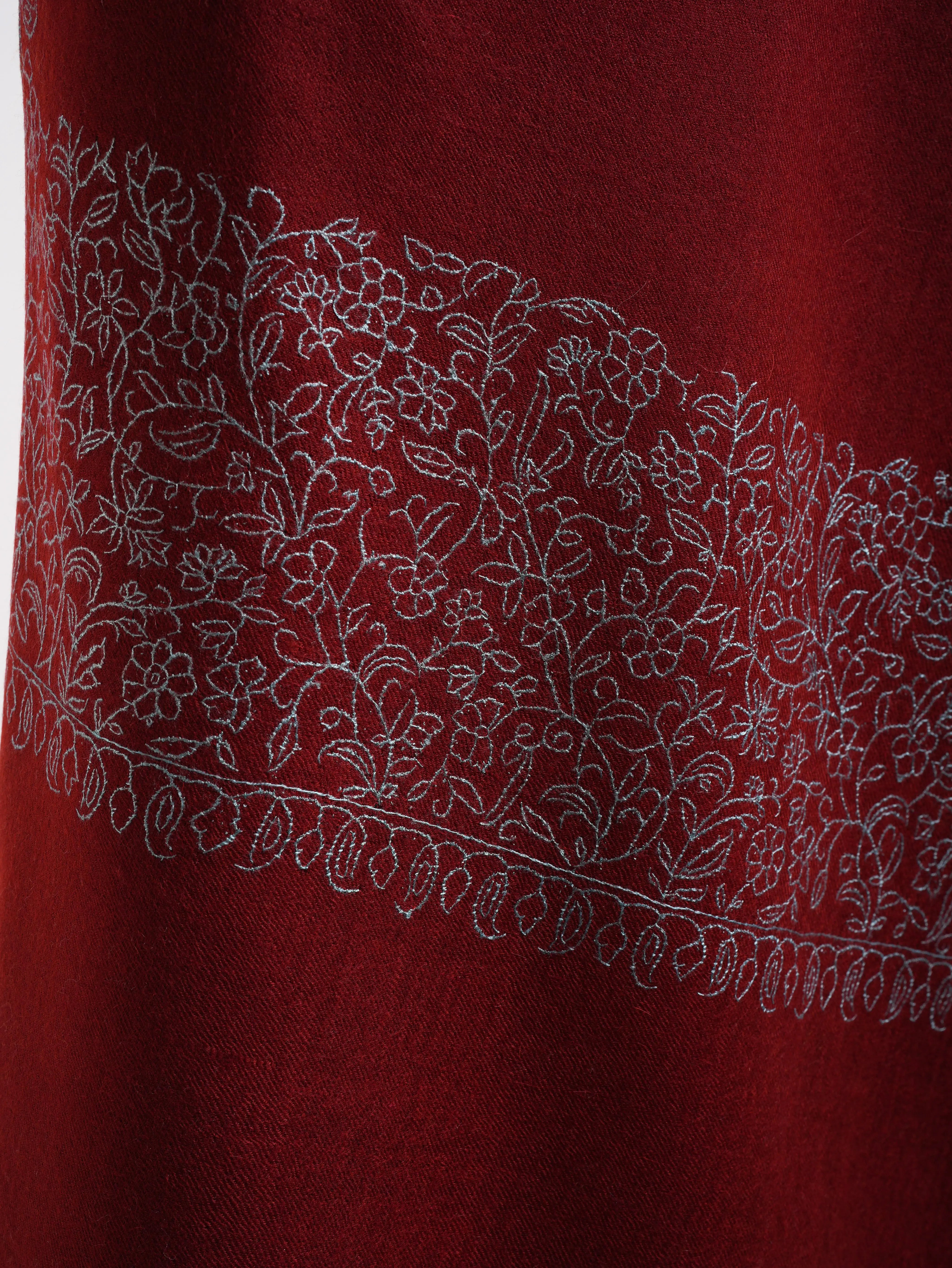 Maroon Real Cashmere Wrap with Blue Embroidery Shahkaar