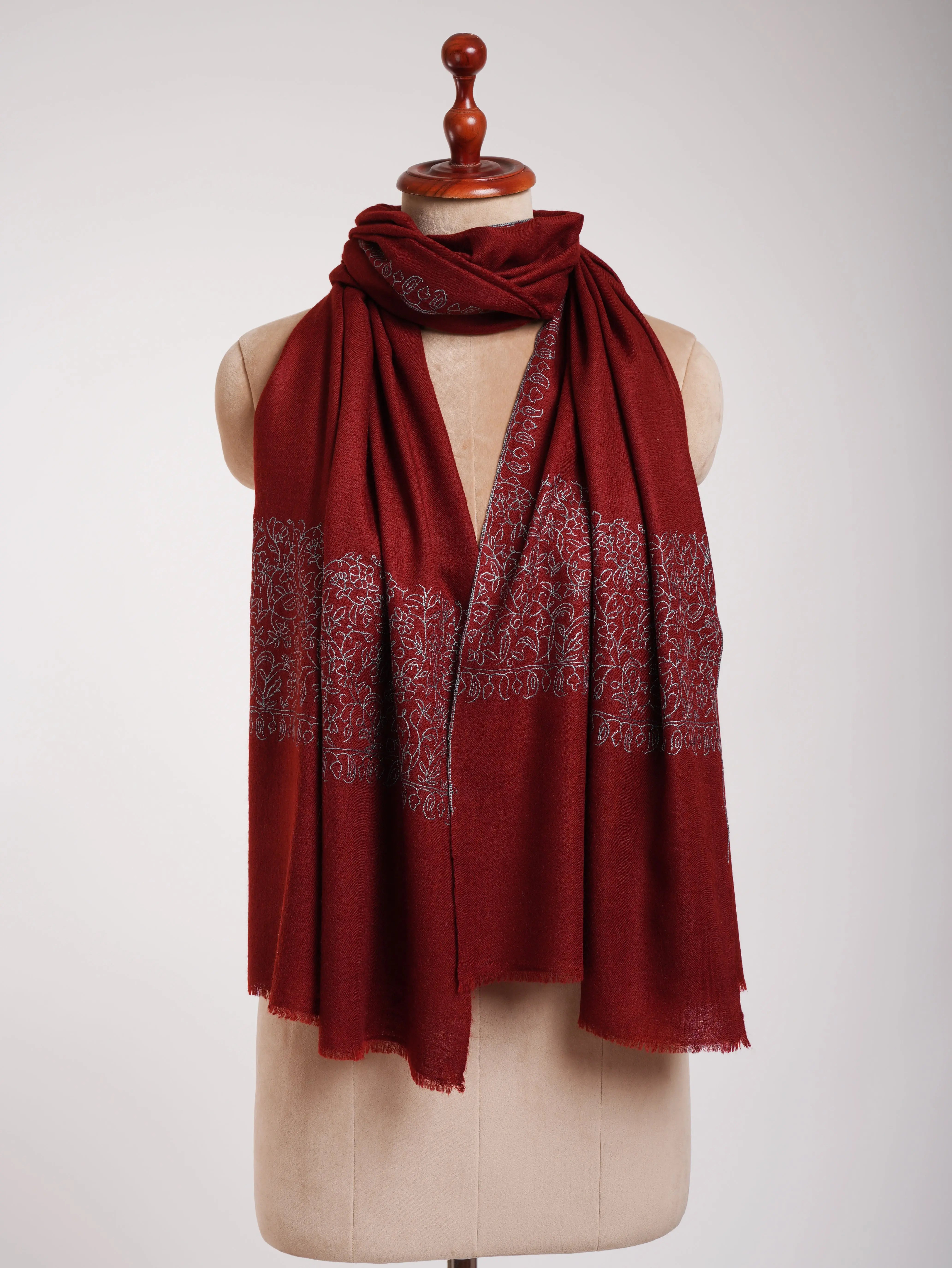 Maroon Real Cashmere Wrap with Blue Embroidery Shahkaar