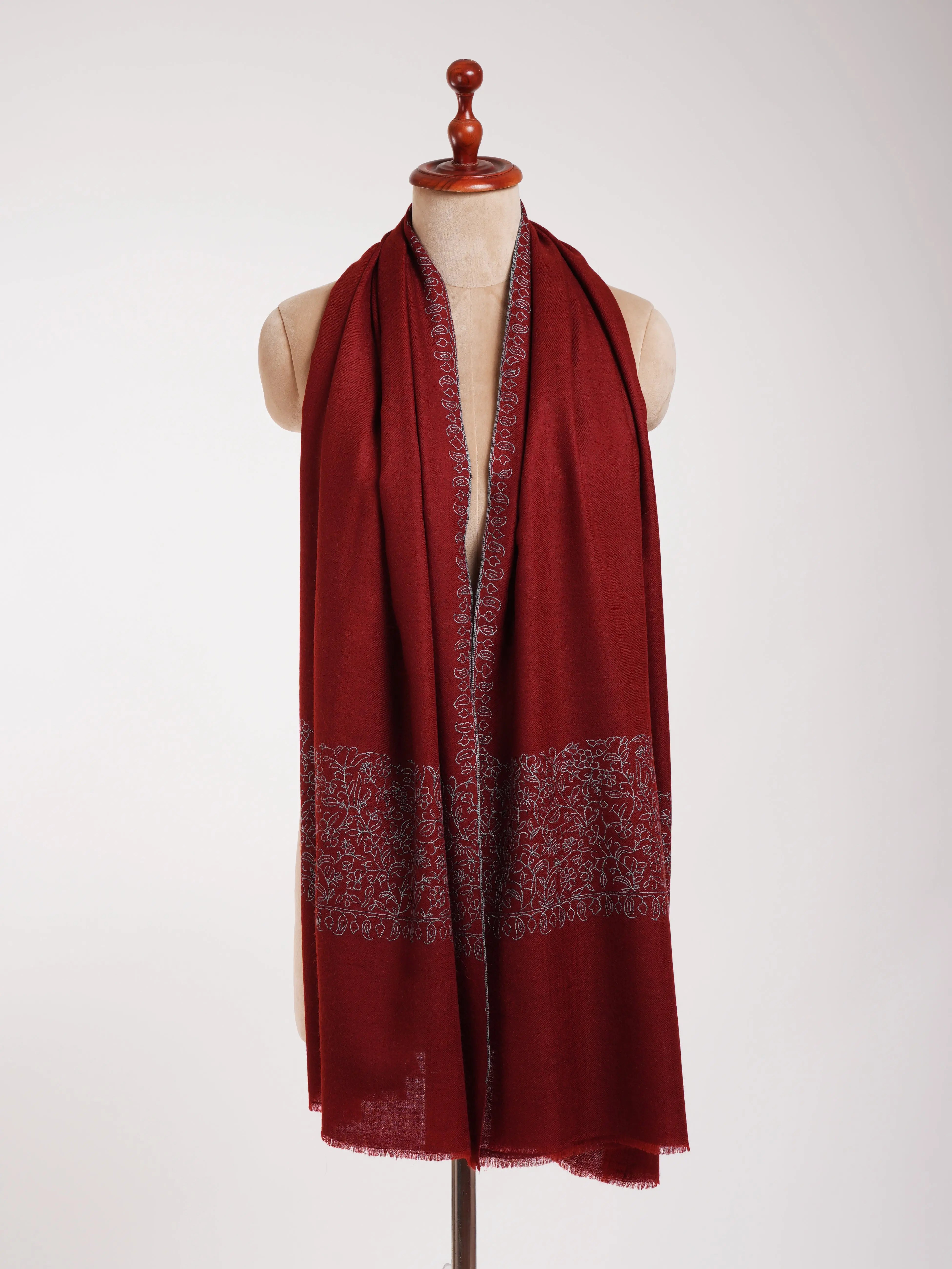 Maroon Real Cashmere Wrap with Blue Embroidery Shahkaar