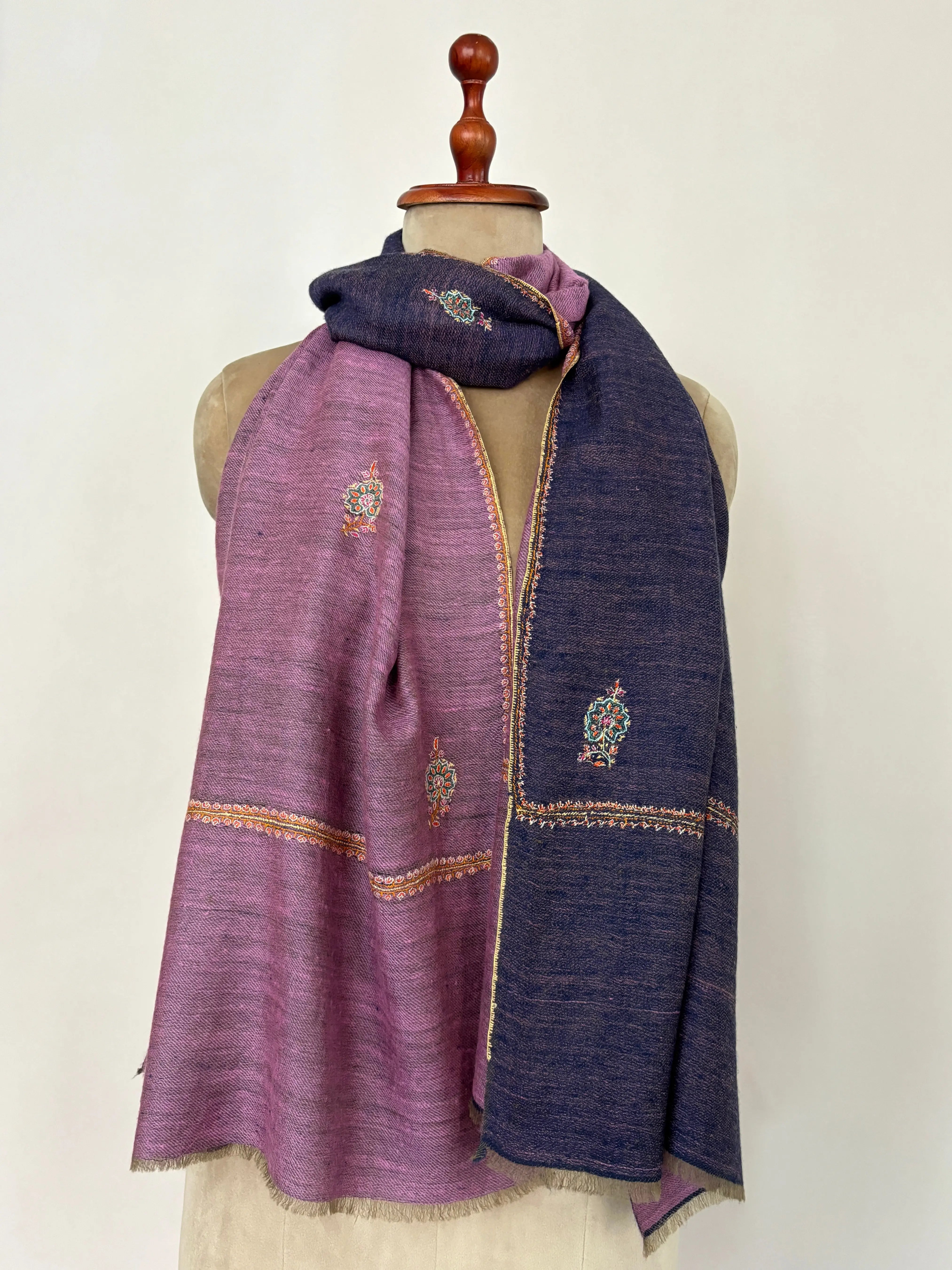 Mauve and Blue Dorukha Embroidered Cashmere Scarf Shahkaar
