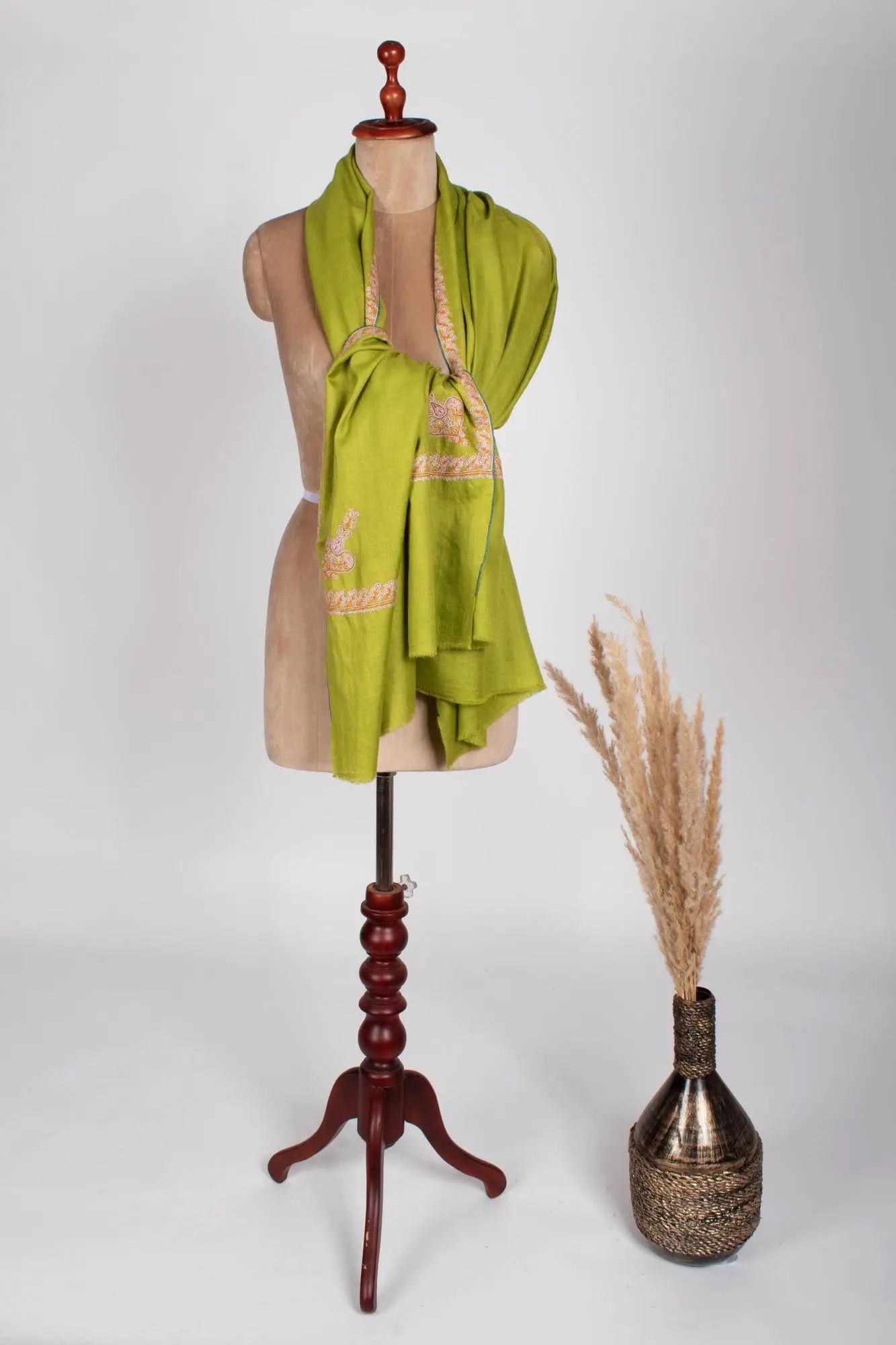 Mehandi Green Embroidered Pashmina Wrap - TRURO Shahkaar