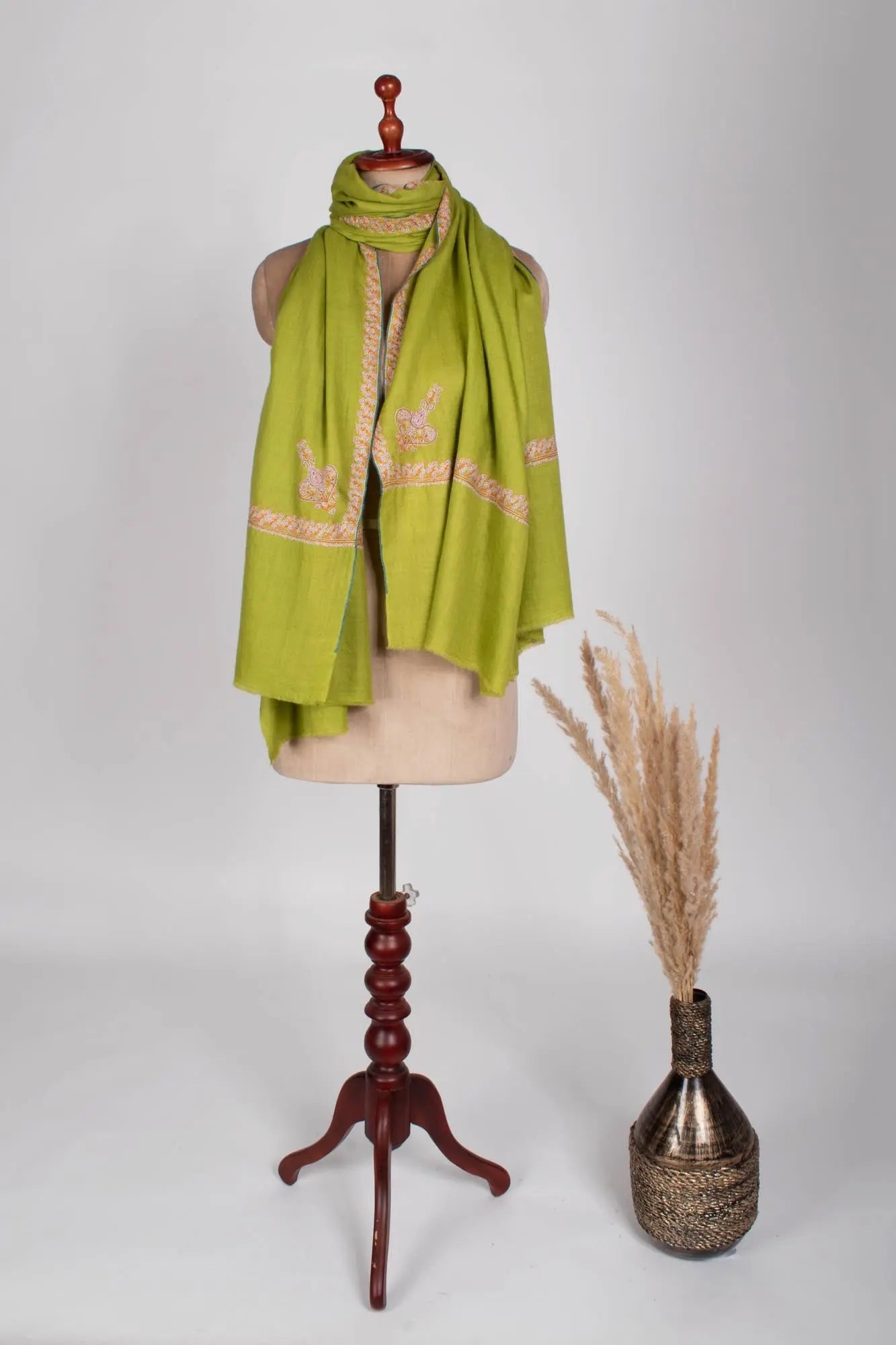 Mehandi Green Embroidered Pashmina Wrap - TRURO Shahkaar
