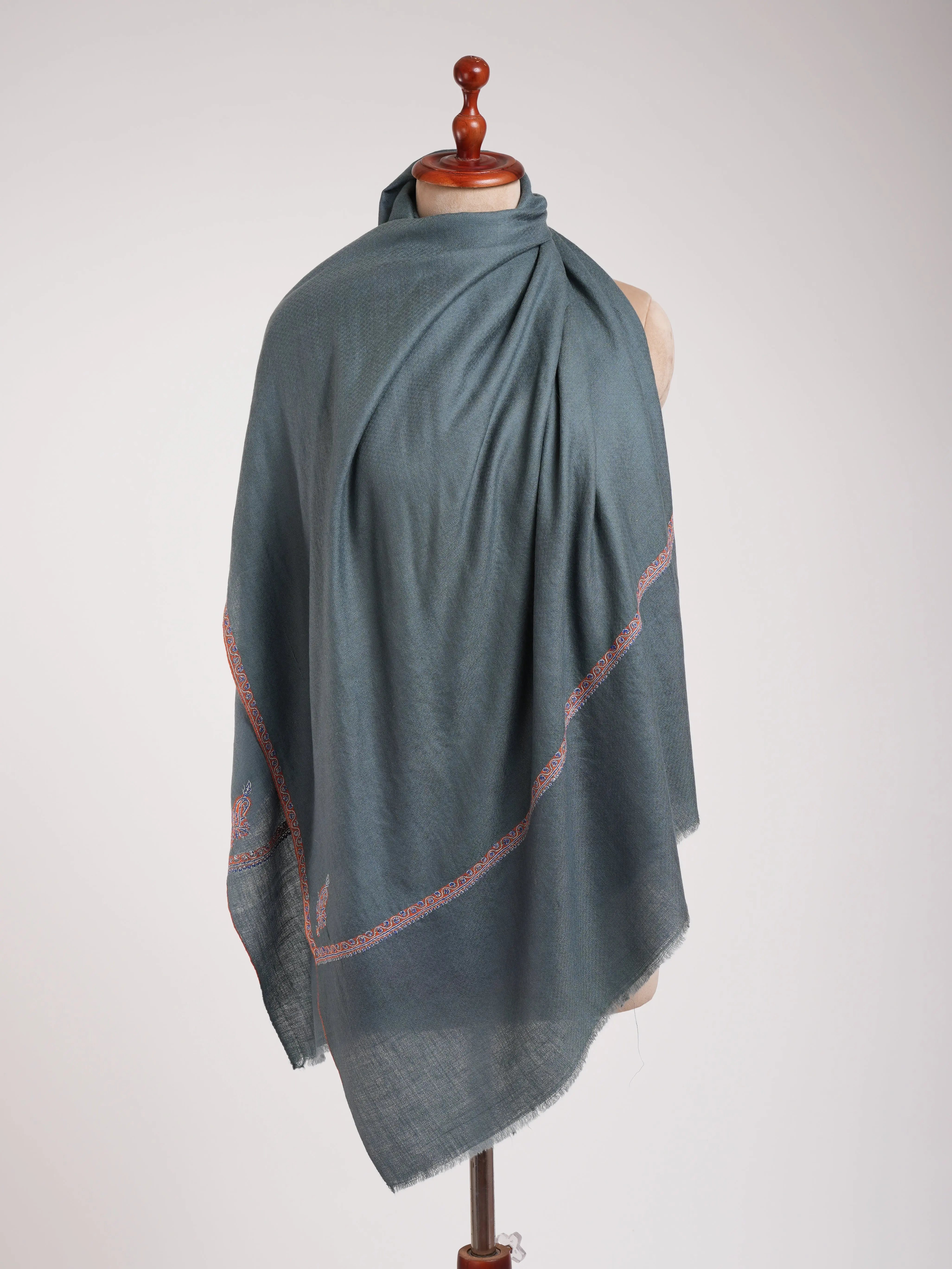 Minimalistic Fine Embroidered Denim Color Pashmina Shawl Shahkaar