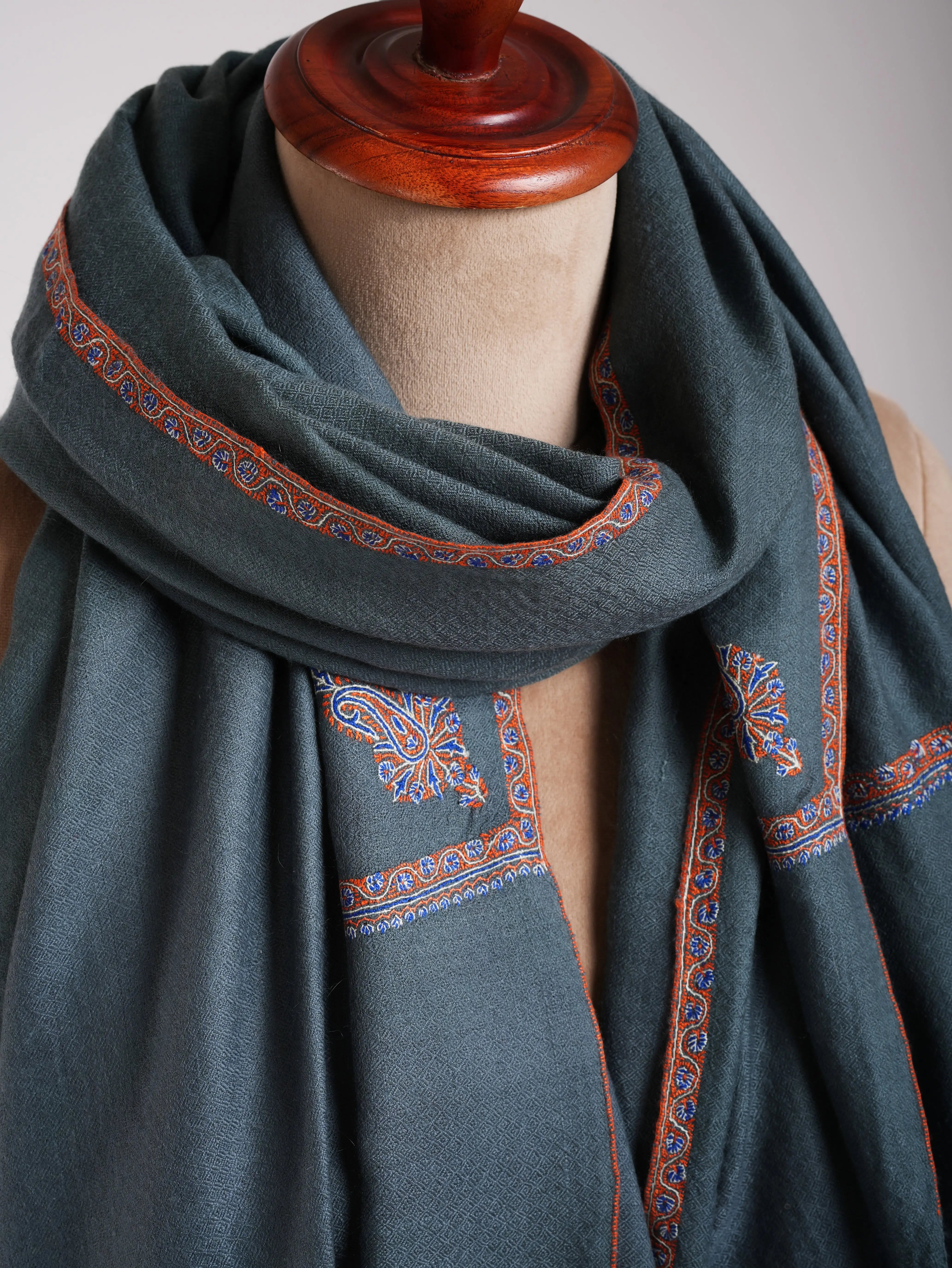 Minimalistic Fine Embroidered Denim Color Pashmina Shawl Shahkaar