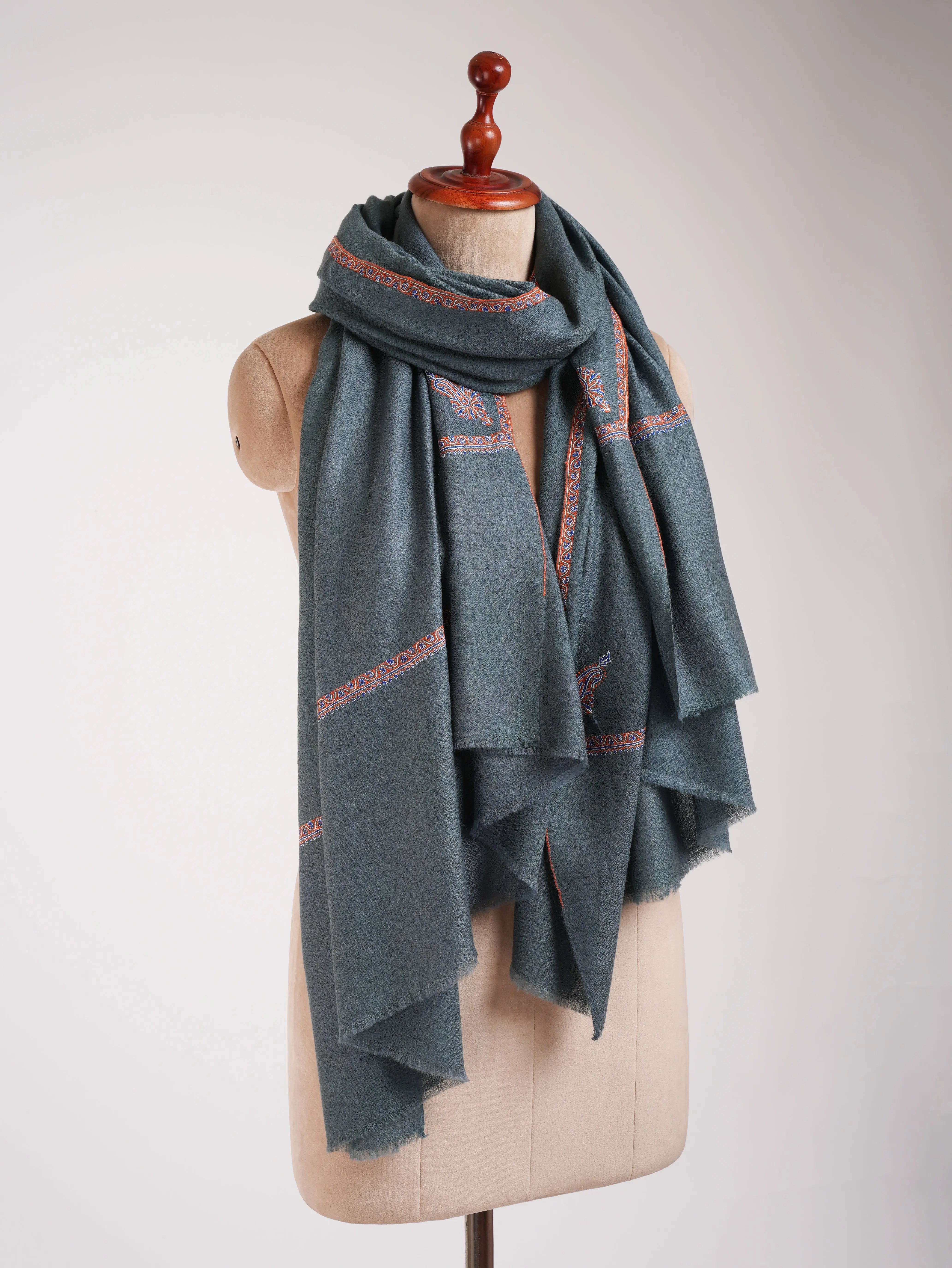 Minimalistic Fine Embroidered Denim Color Pashmina Shawl Shahkaar