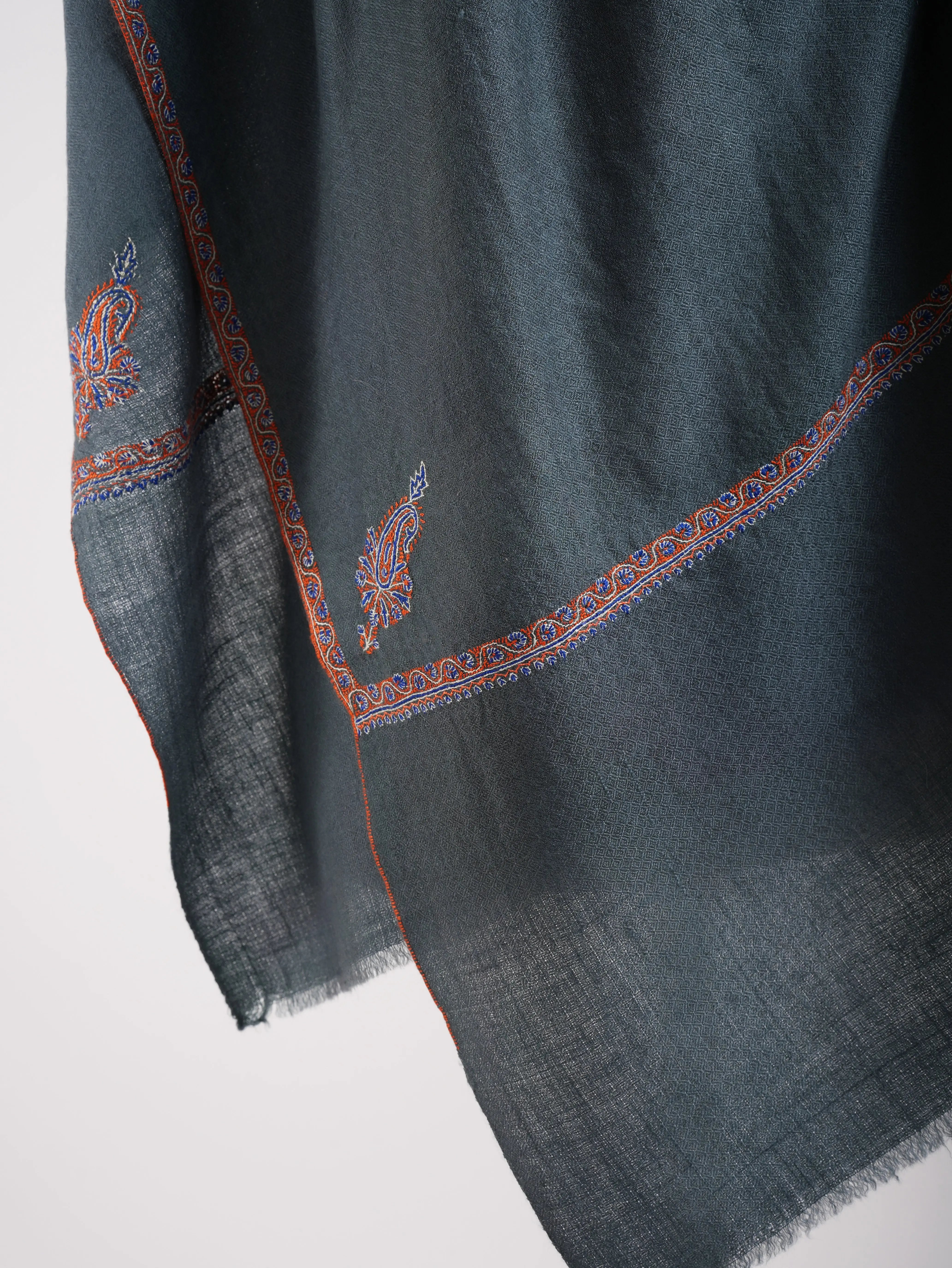 Minimalistic Fine Embroidered Denim Color Pashmina Shawl Shahkaar