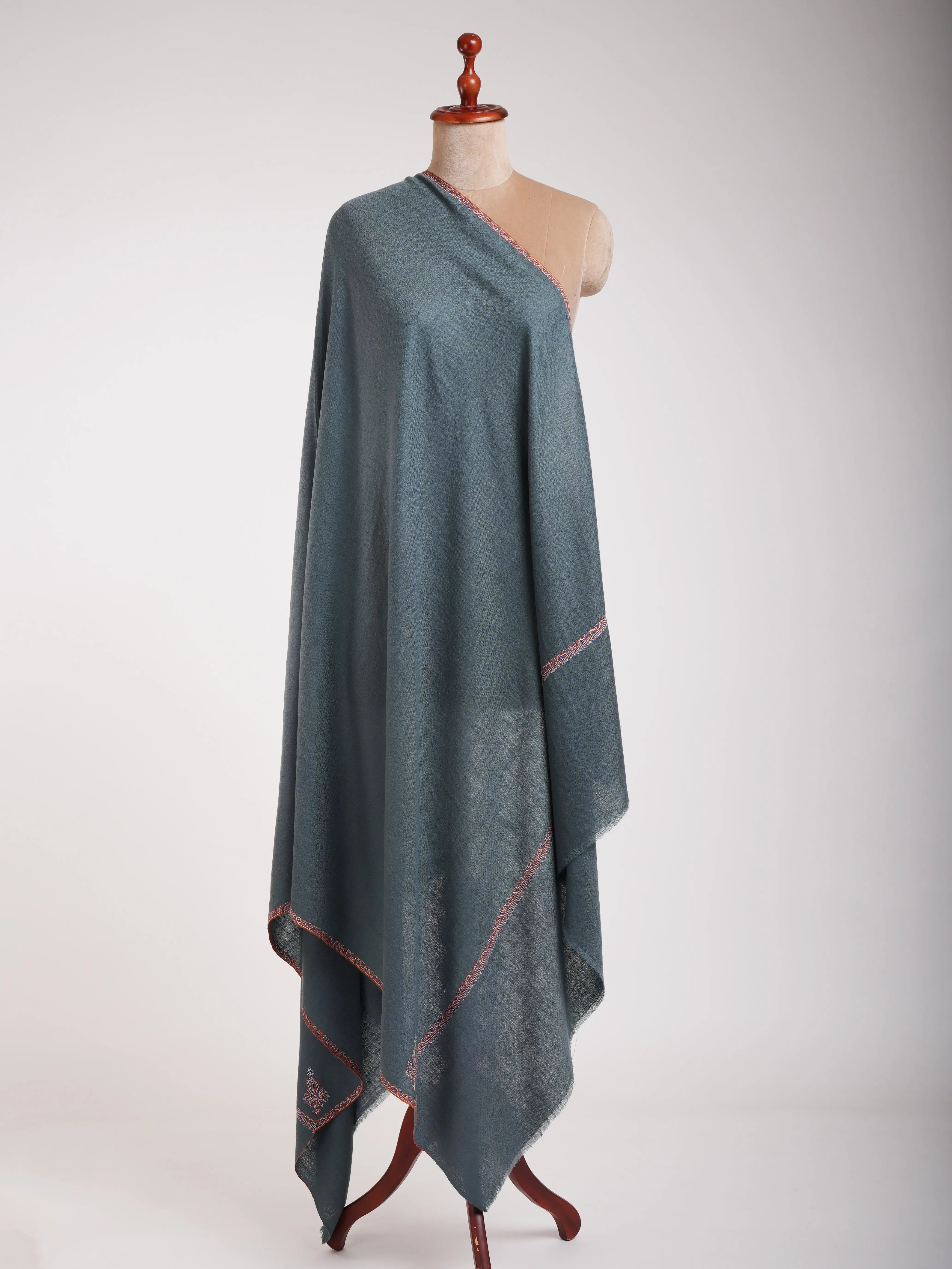 Minimalistic Fine Embroidered Denim Color Pashmina Shawl Shahkaar