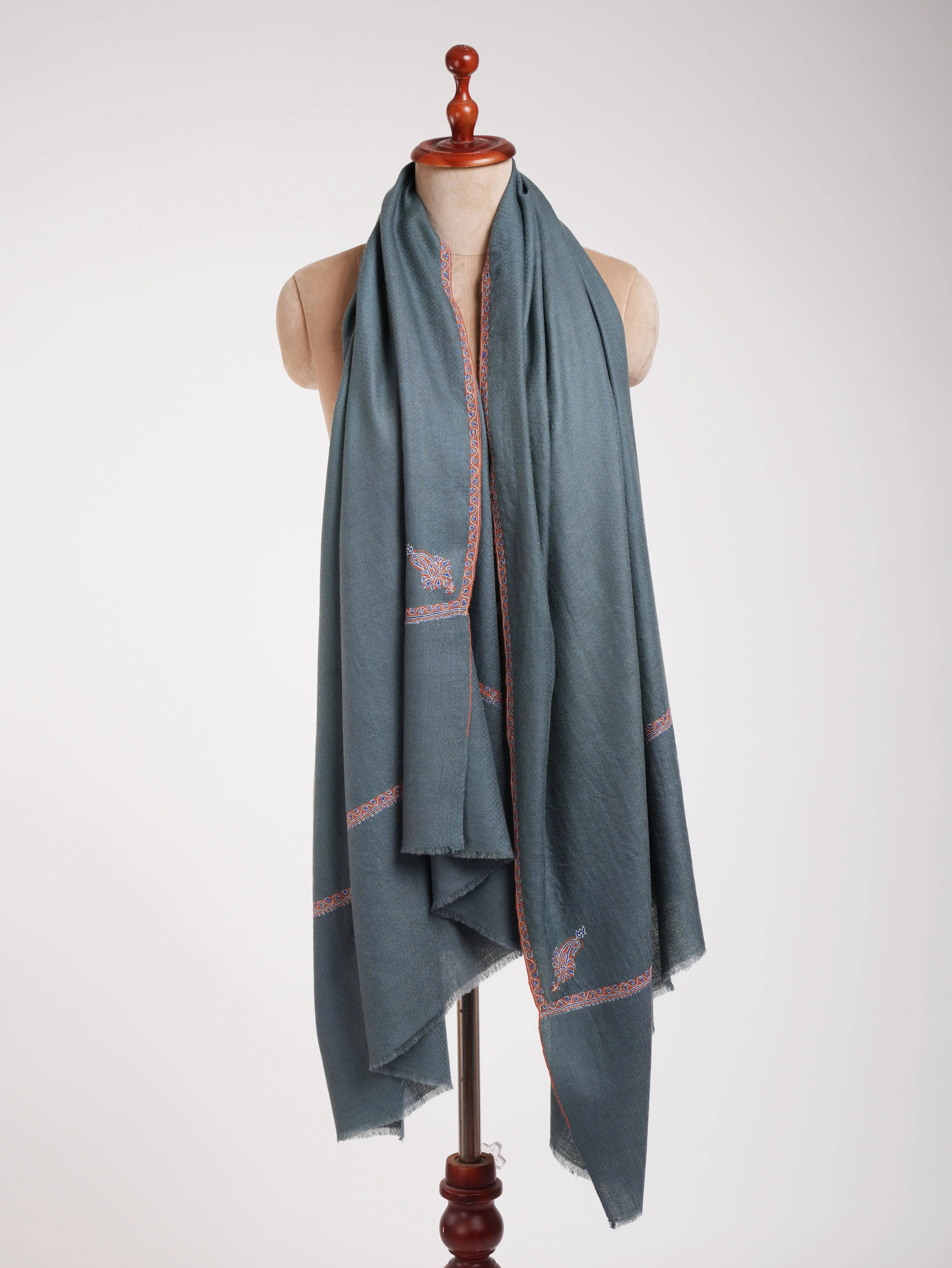 Minimalistic Fine Embroidered Denim Color Pashmina Shawl Shahkaar