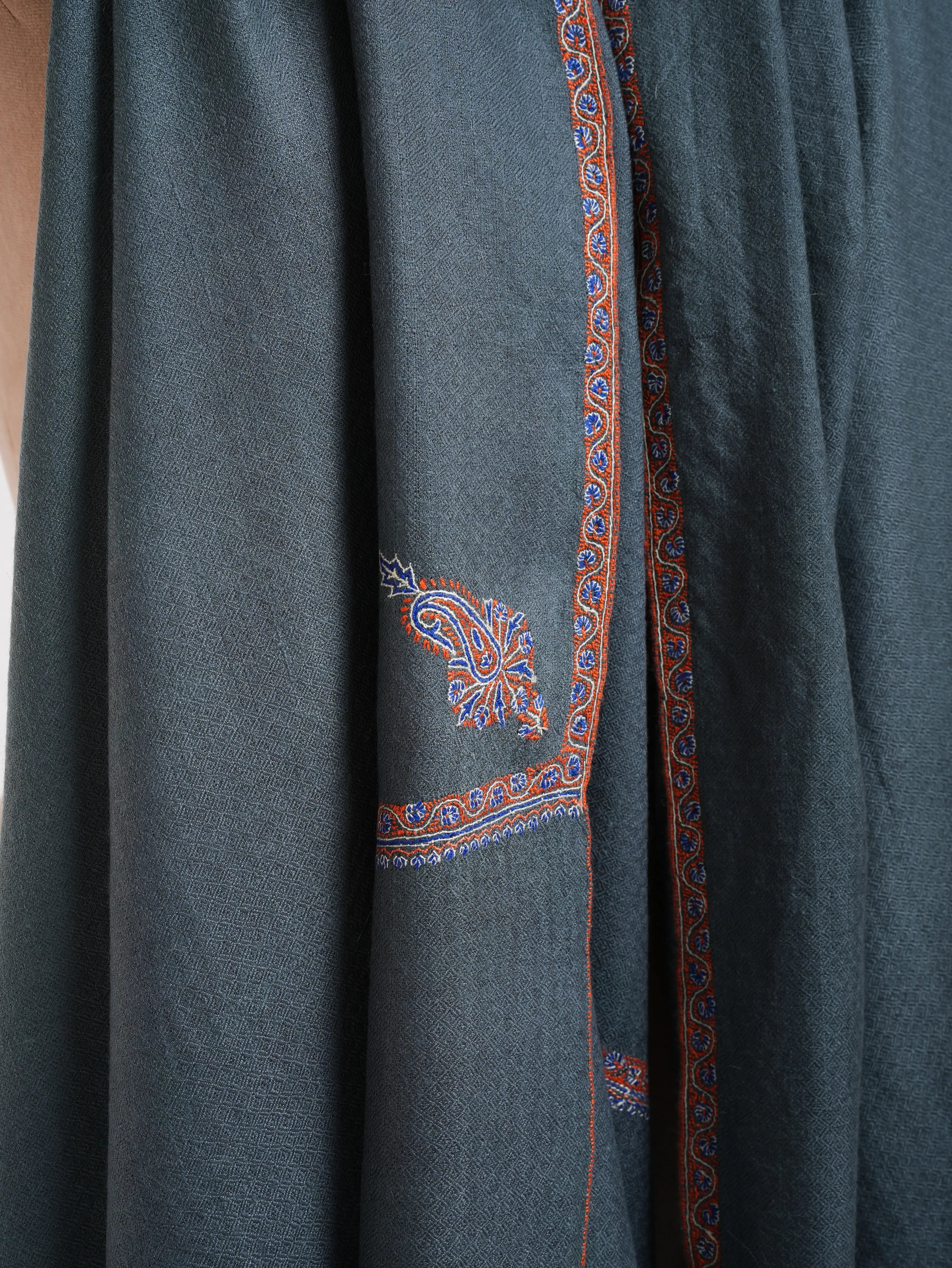 Minimalistic Fine Embroidered Denim Color Pashmina Shawl Shahkaar