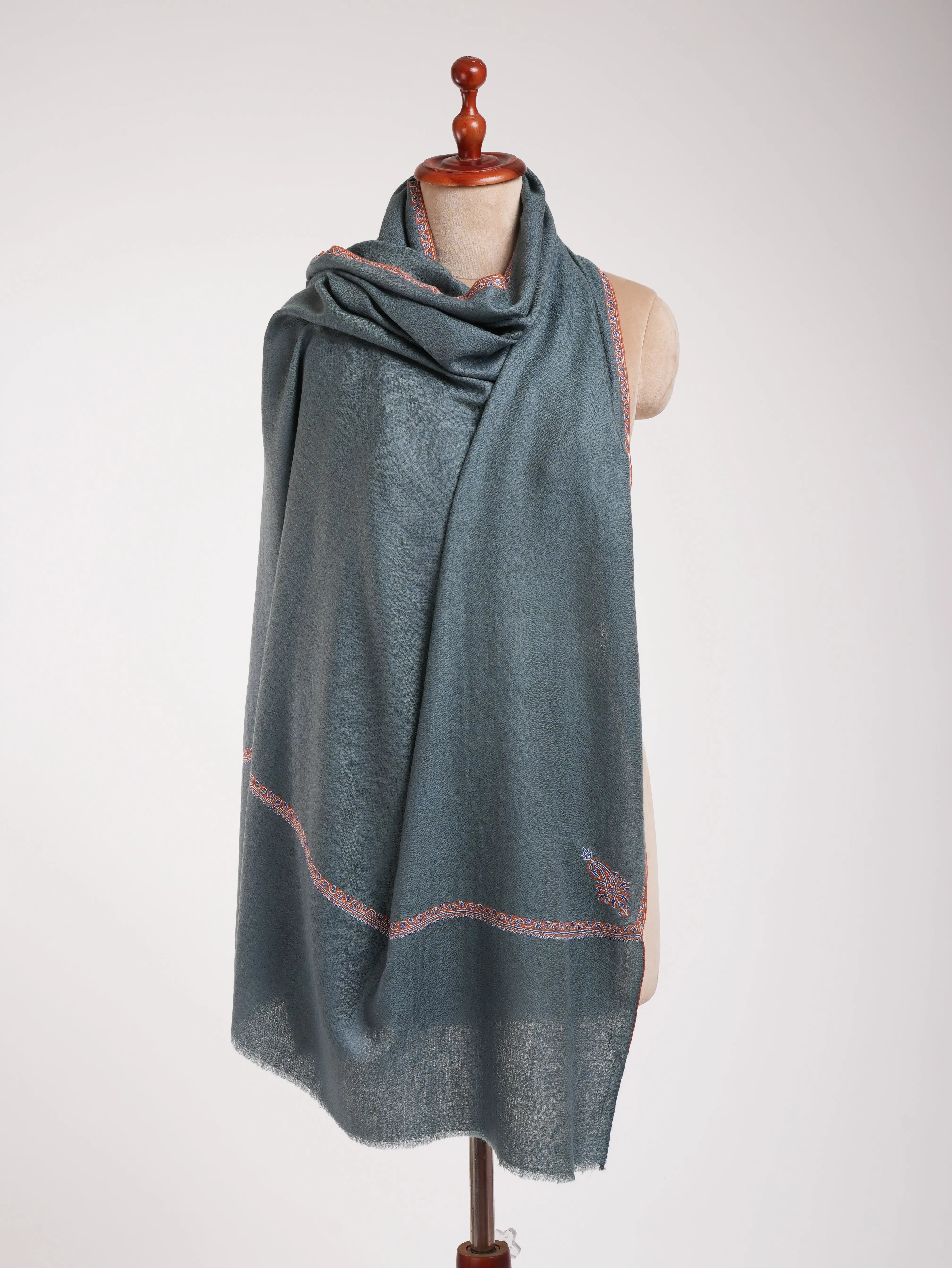 Minimalistic Fine Embroidered Denim Color Pashmina Shawl Shahkaar