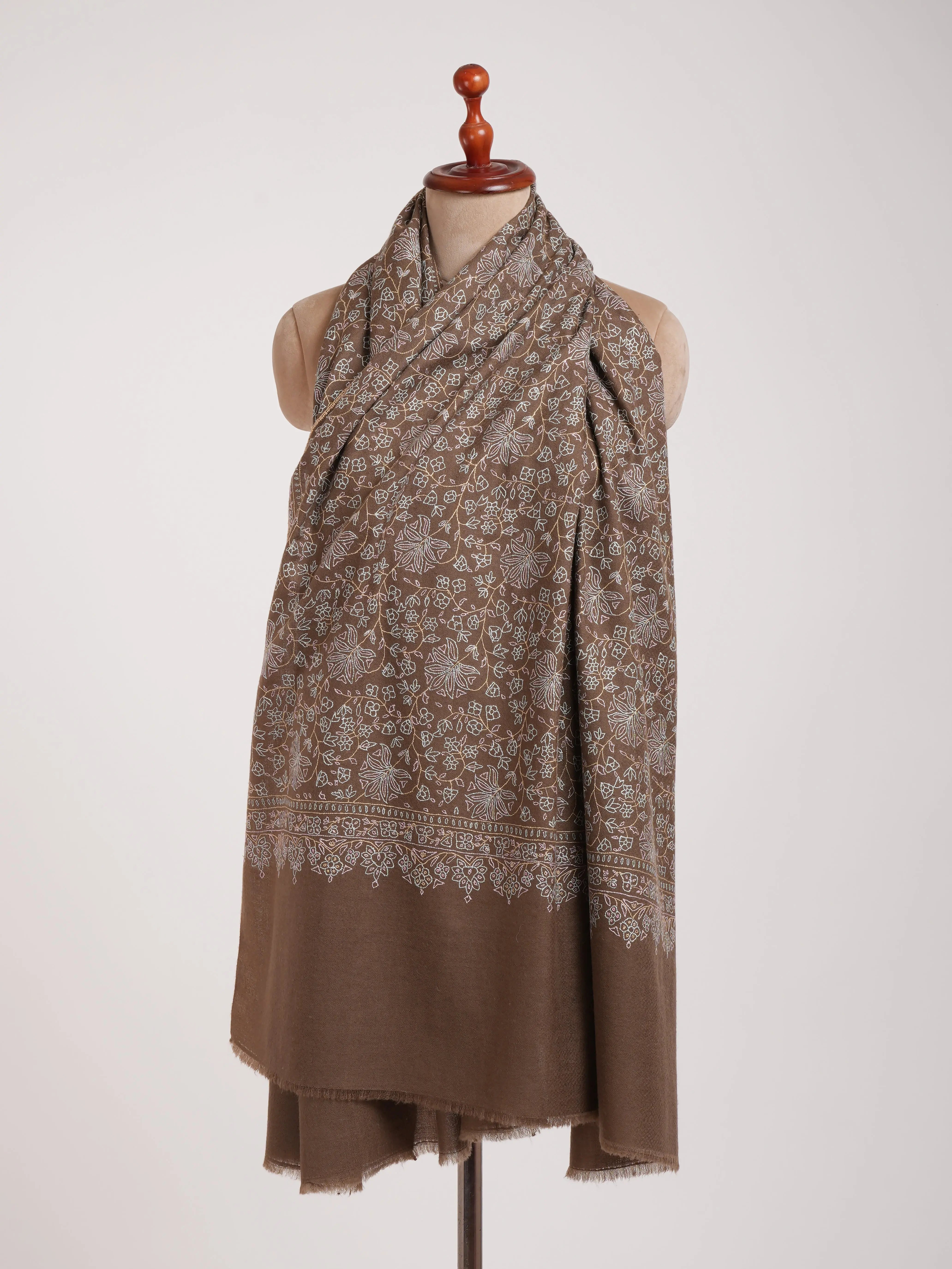 Mocha Mouse Sozni Embroidered Pashmina Shawl Shahkaar