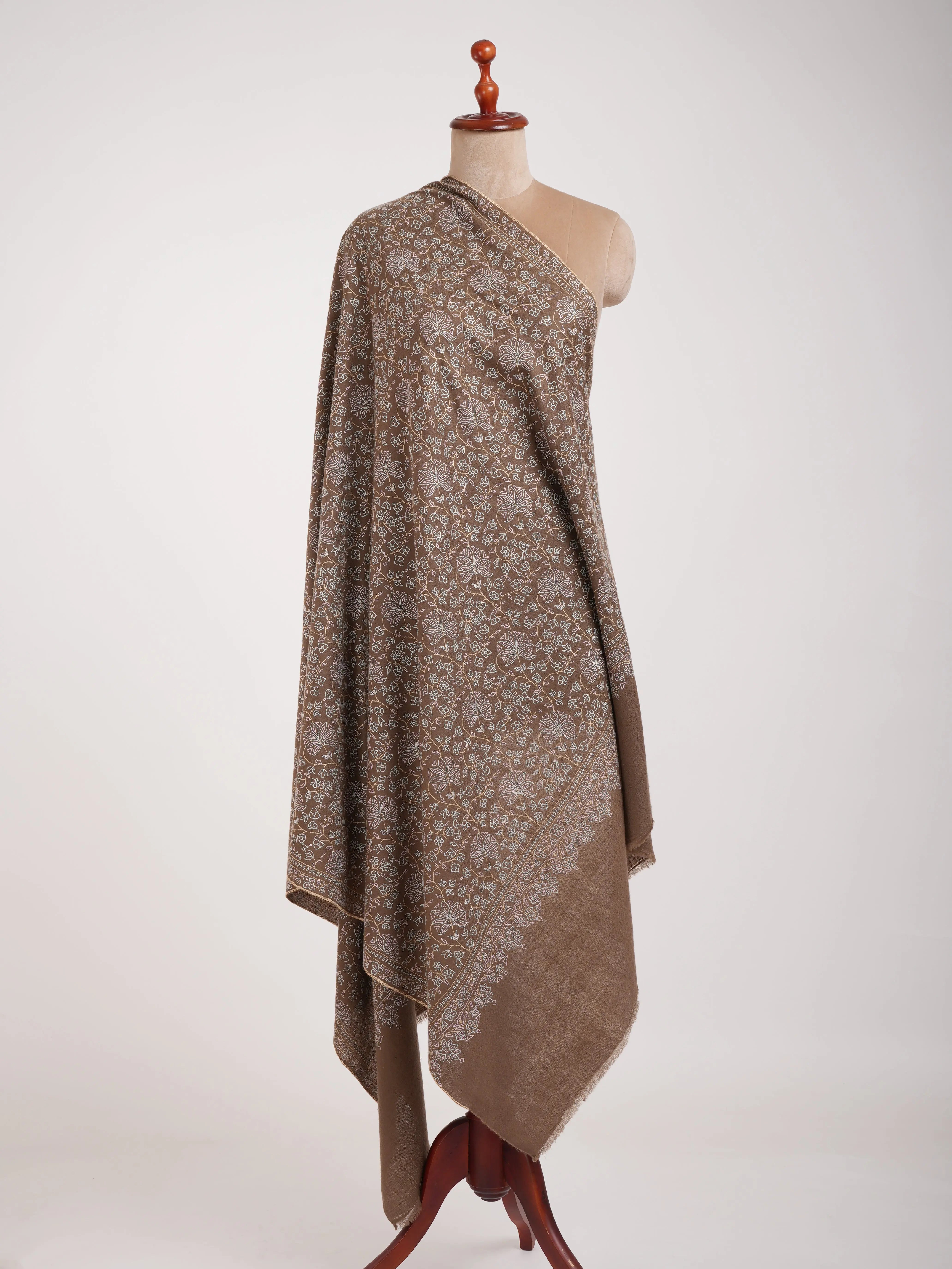 Mocha Mouse Sozni Embroidered Pashmina Shawl Shahkaar