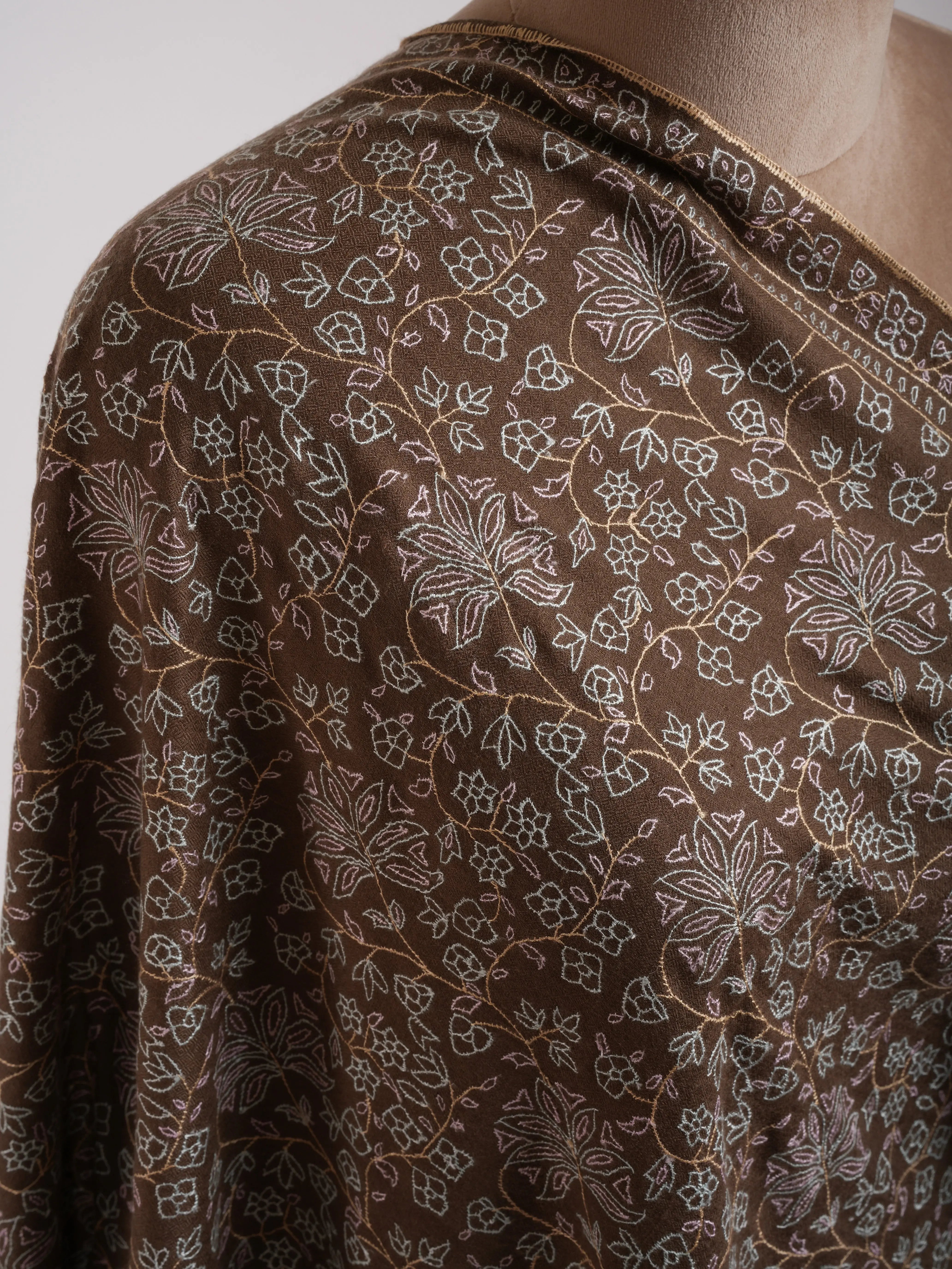 Mocha Mouse Sozni Embroidered Pashmina Shawl Shahkaar