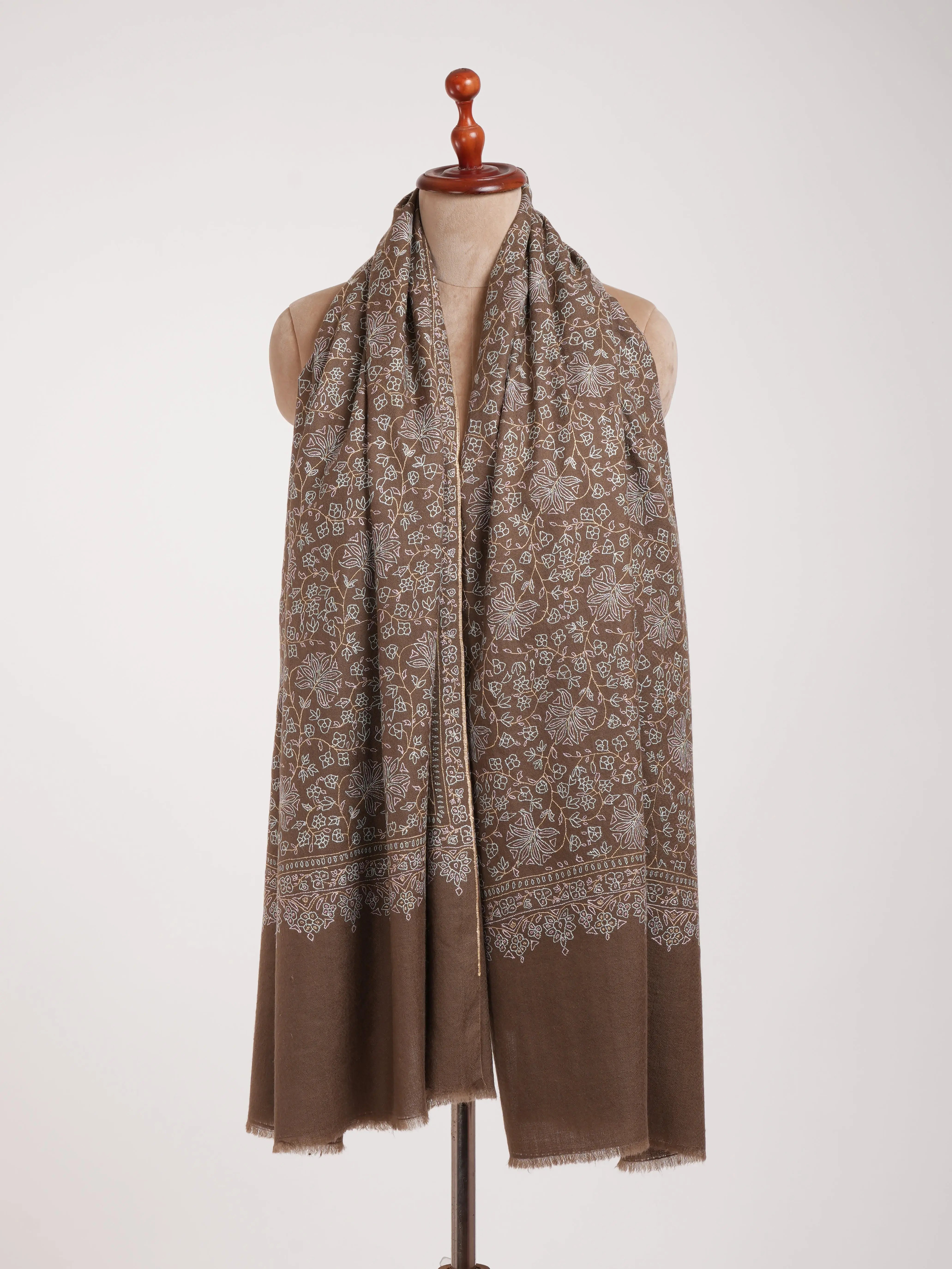 Mocha Mouse Sozni Embroidered Pashmina Shawl Shahkaar
