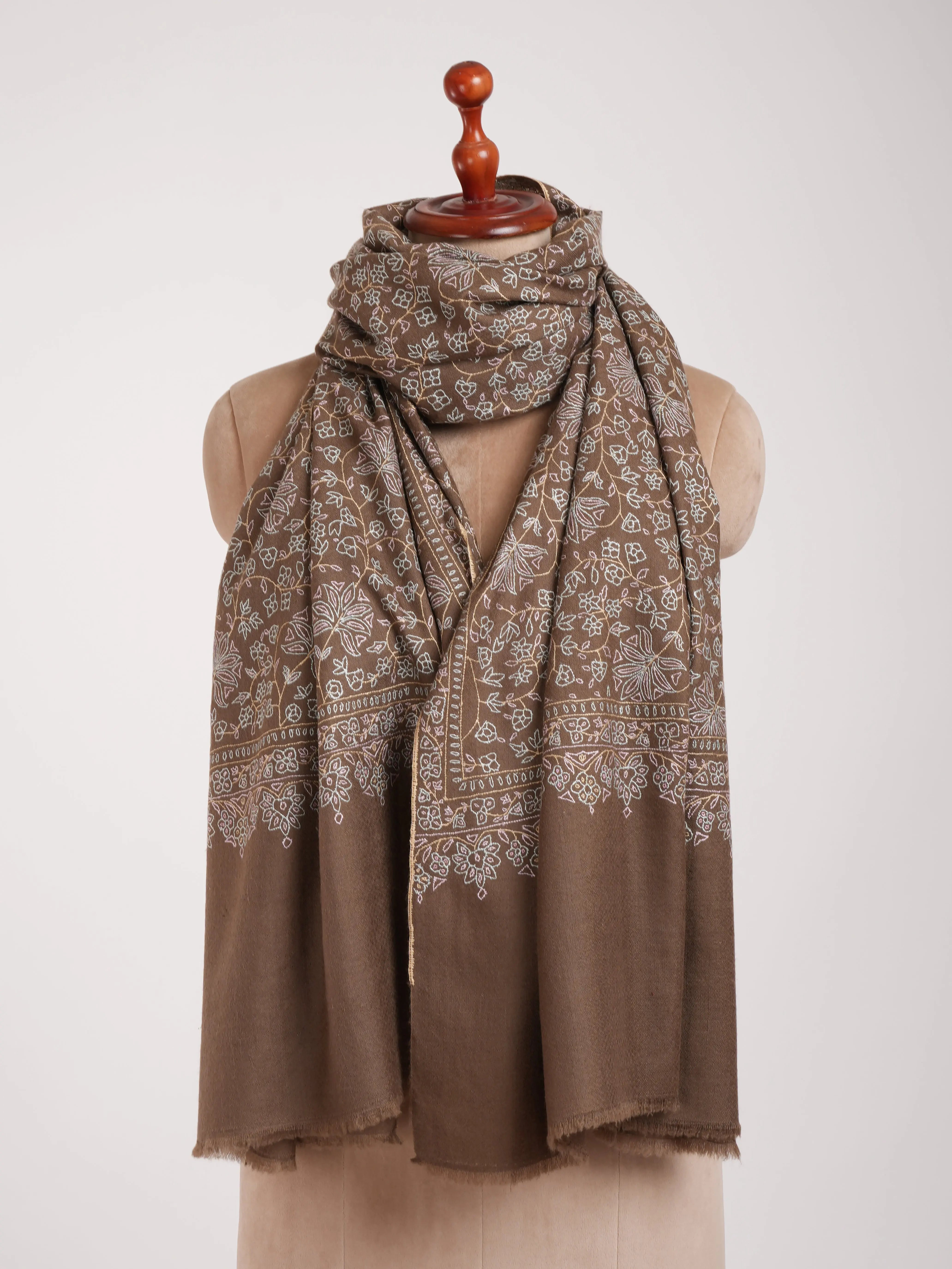 Mocha Mouse Sozni Embroidered Pashmina Shawl Shahkaar