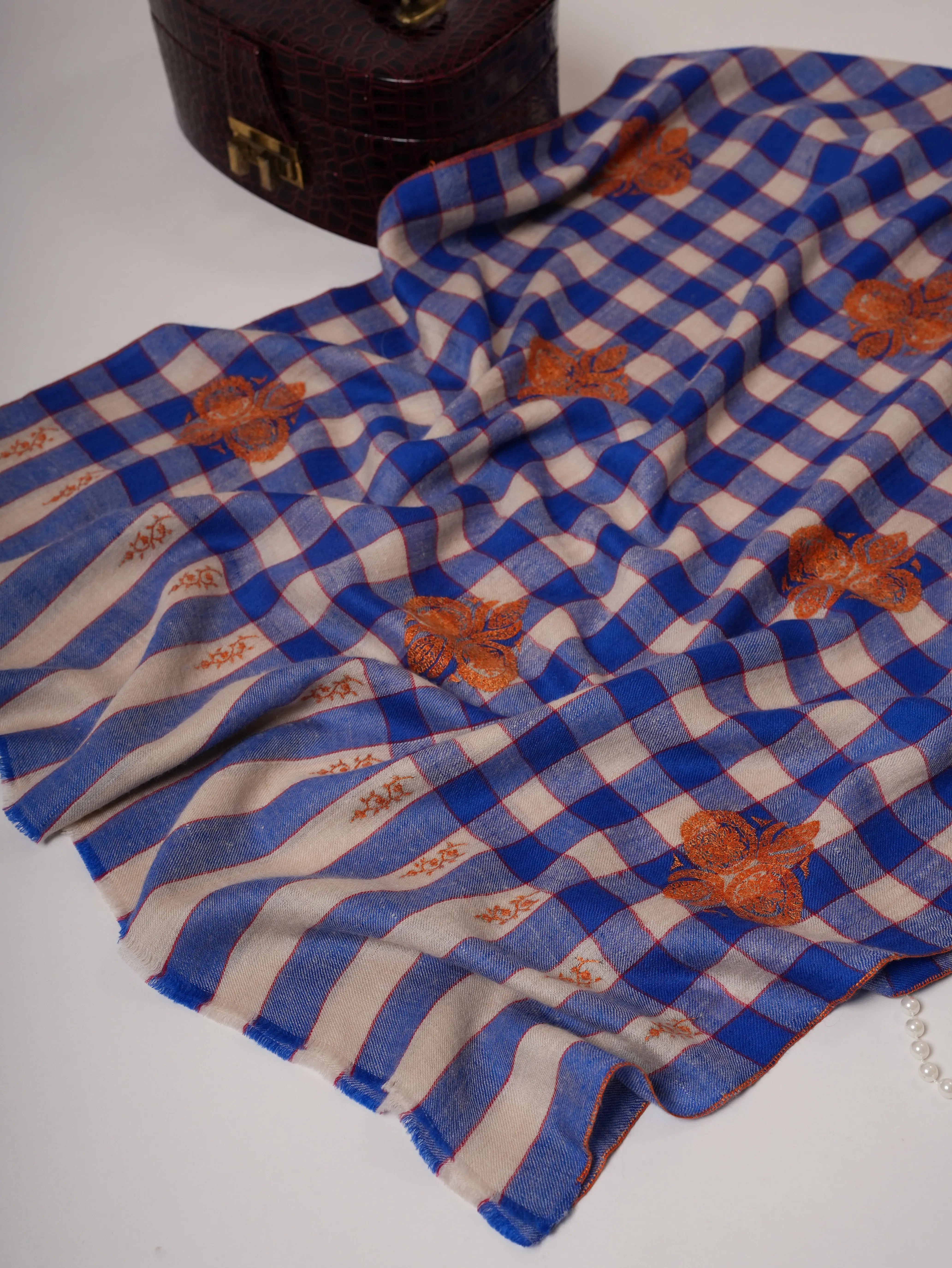 Modern Checked Cashmere Scarf with Traditional Buteh Embroidery Shahkaar