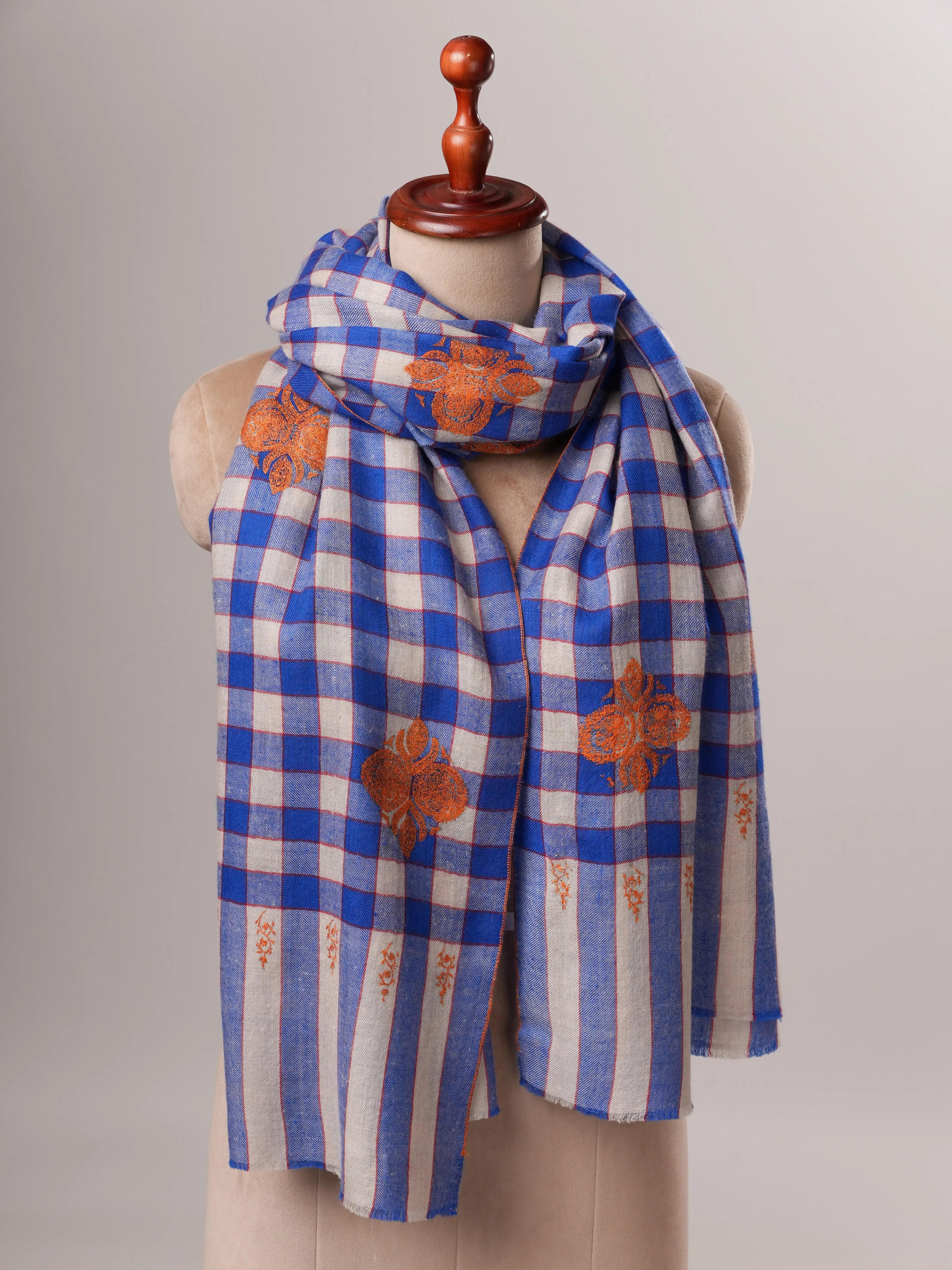 Modern Checked Cashmere Scarf with Traditional Buteh Embroidery Shahkaar