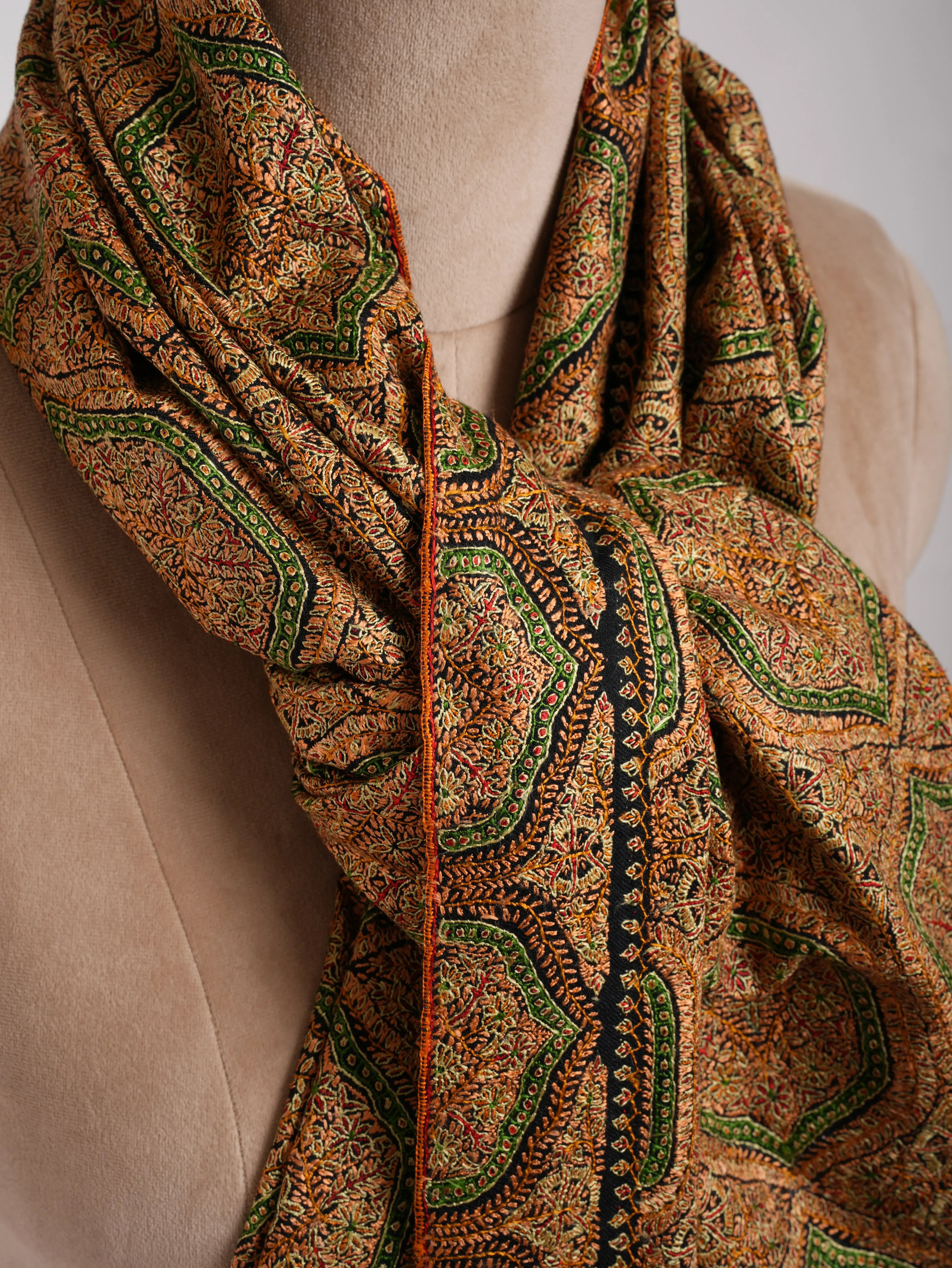 Mulberry Silk Embroidered Sozni Black Pashmina Jamavar Shawl Shahkaar