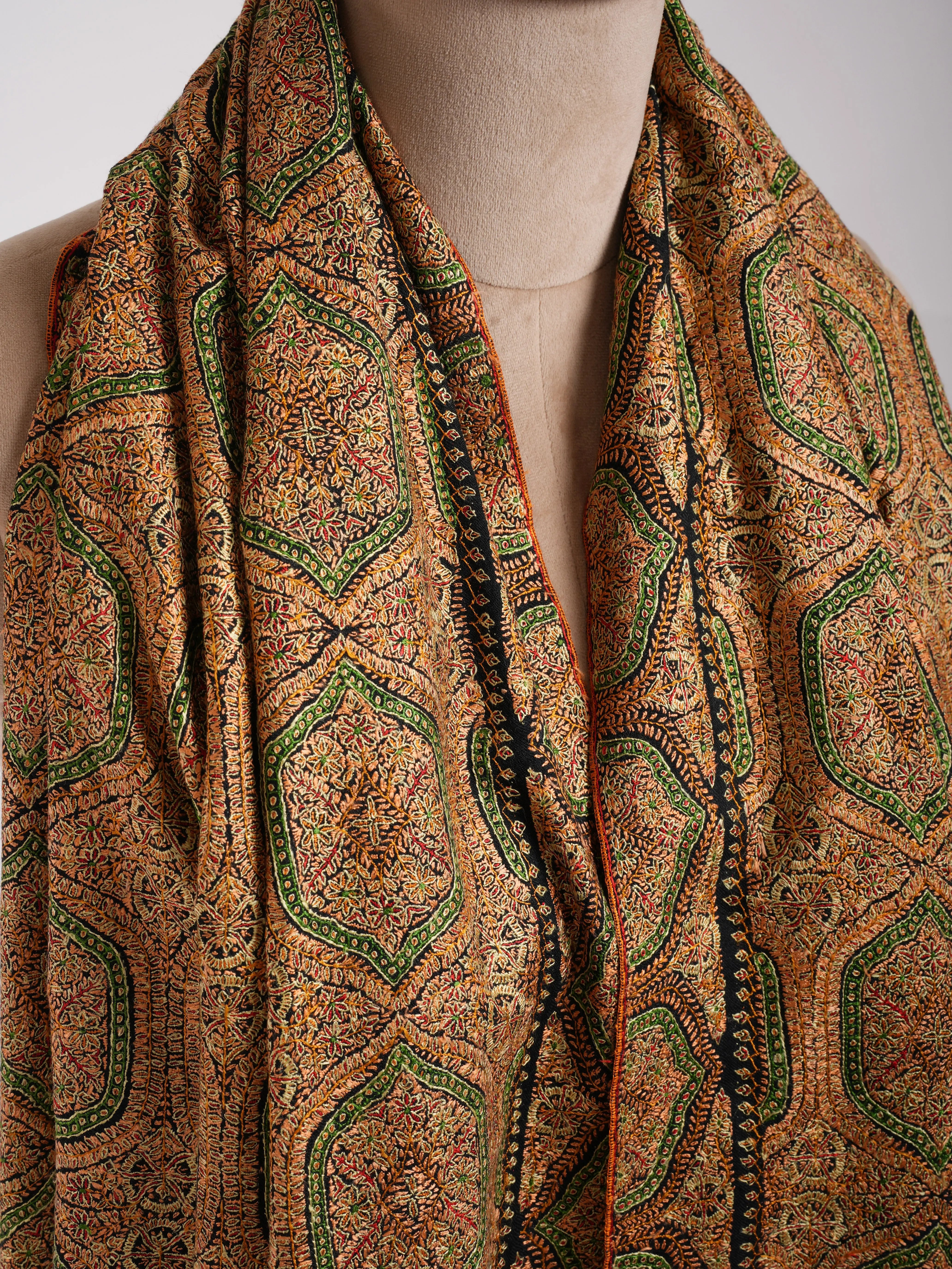 Mulberry Silk Embroidered Sozni Black Pashmina Jamavar Shawl Shahkaar