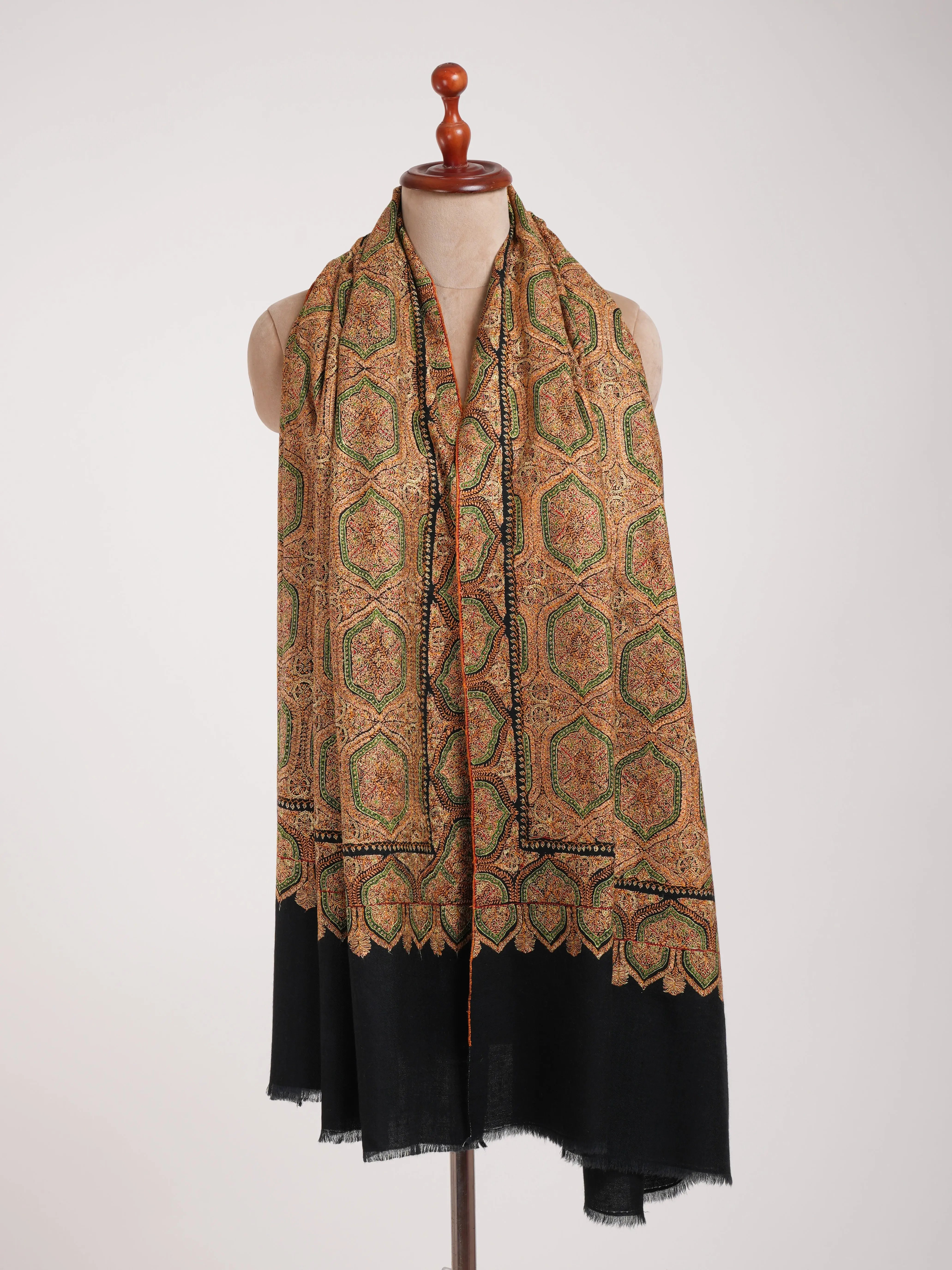 Mulberry Silk Embroidered Sozni Black Pashmina Jamavar Shawl Shahkaar