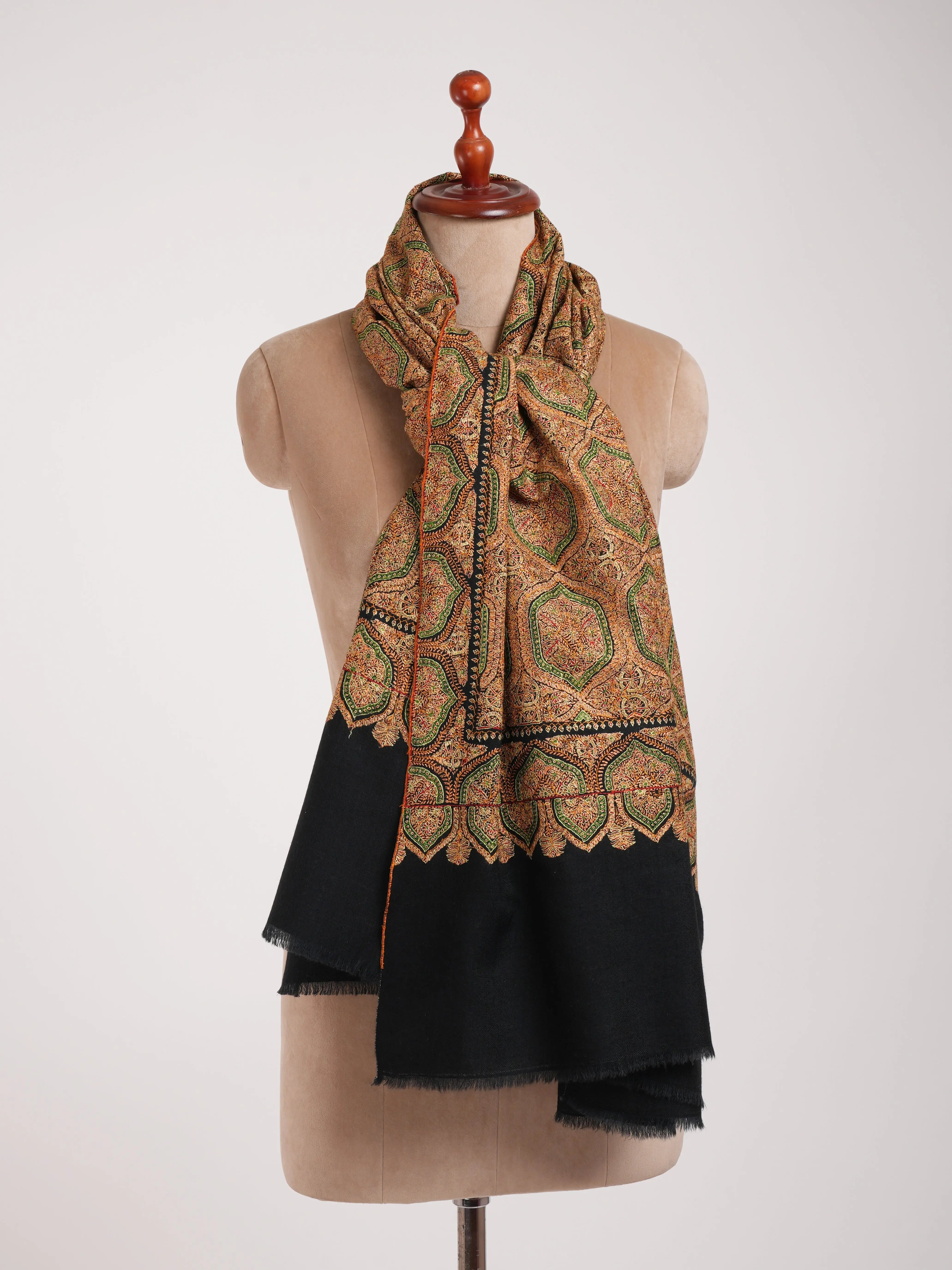 Mulberry Silk Embroidered Sozni Black Pashmina Jamavar Shawl Shahkaar
