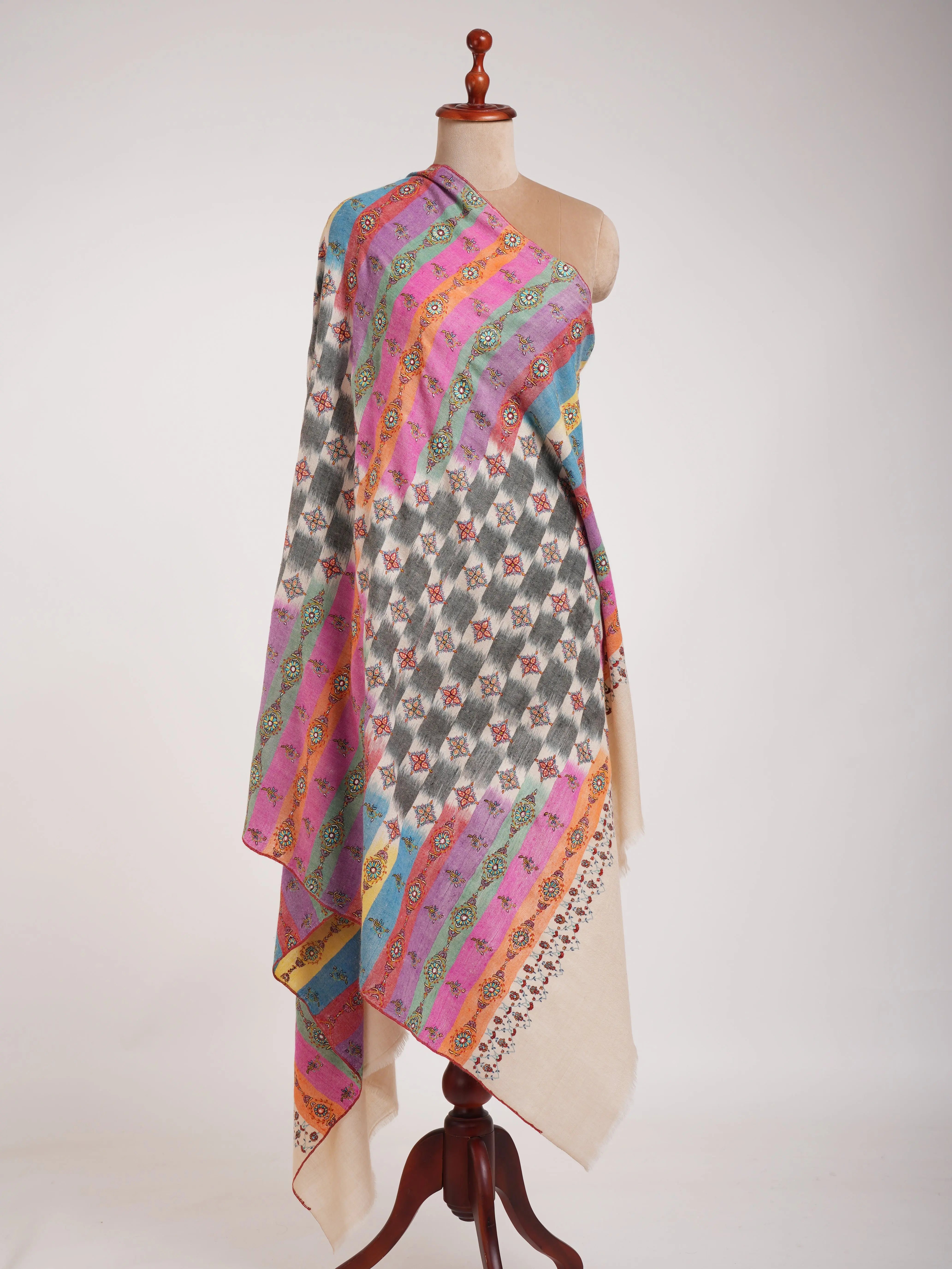 Multicolor Handwoven Ikat Embroidered Kashmiri Pashmina Shawl Shahkaar