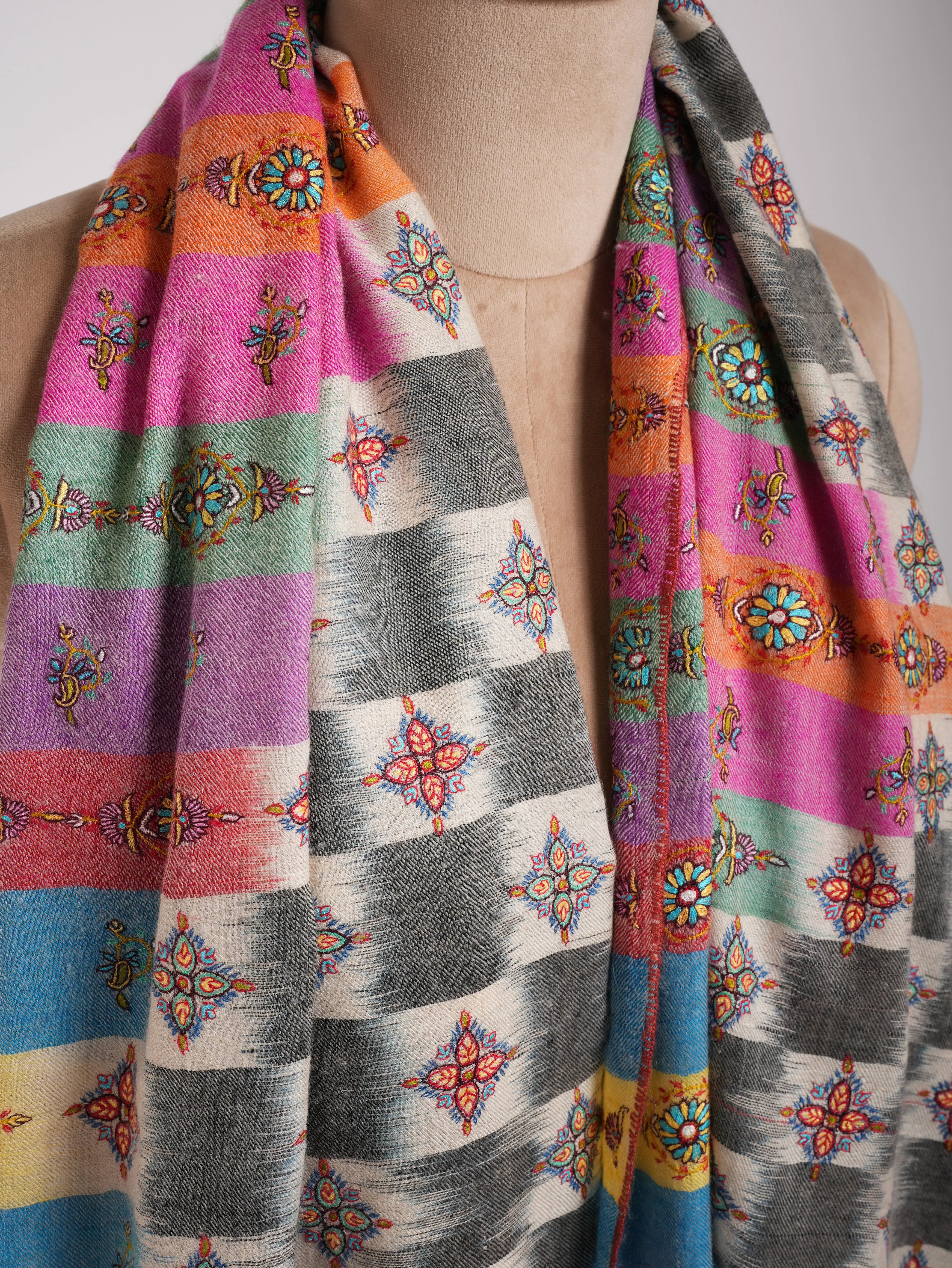 Multicolor Handwoven Ikat Embroidered Kashmiri Pashmina Shawl Shahkaar