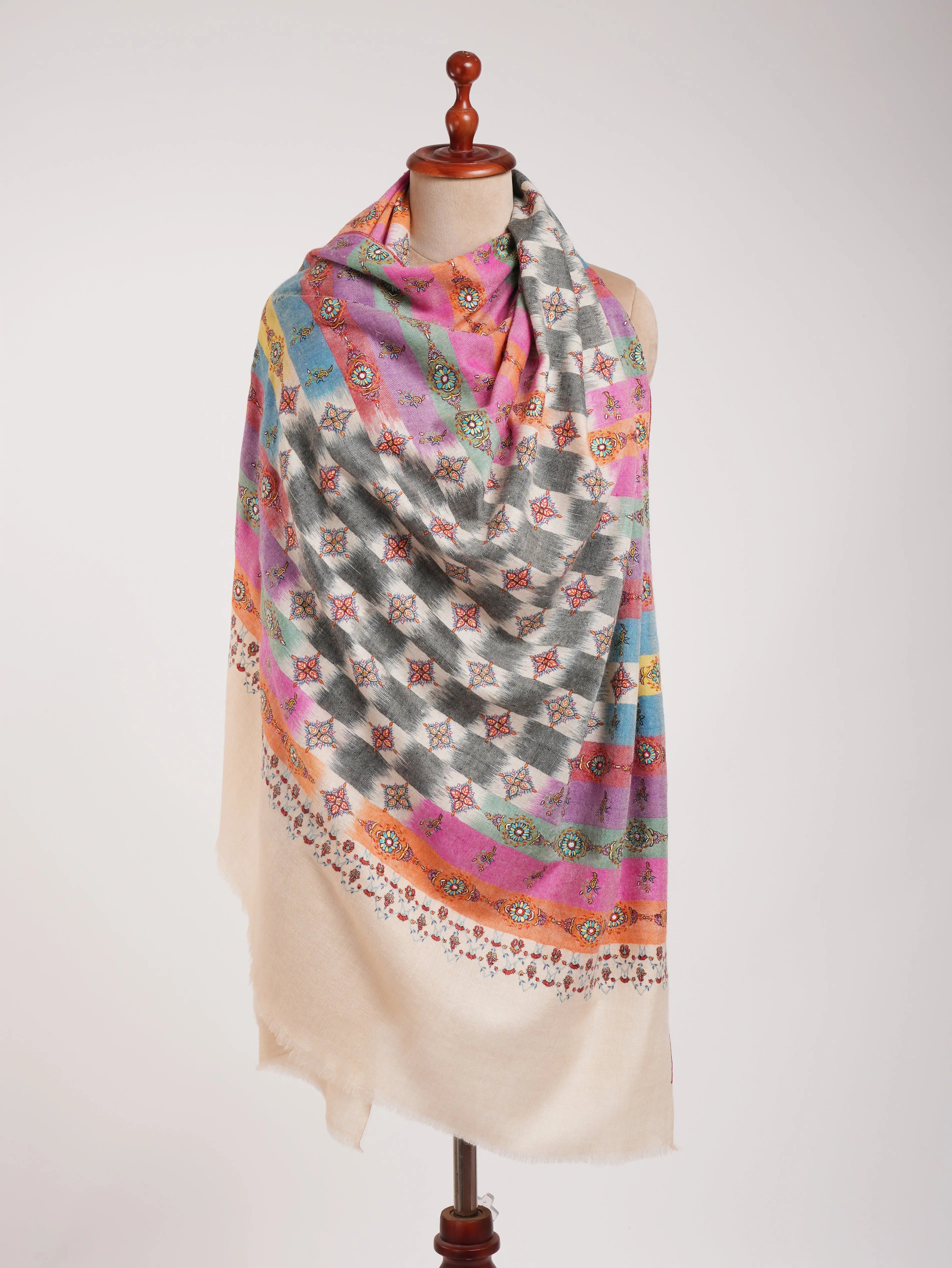 Multicolor Handwoven Ikat Embroidered Kashmiri Pashmina Shawl Shahkaar