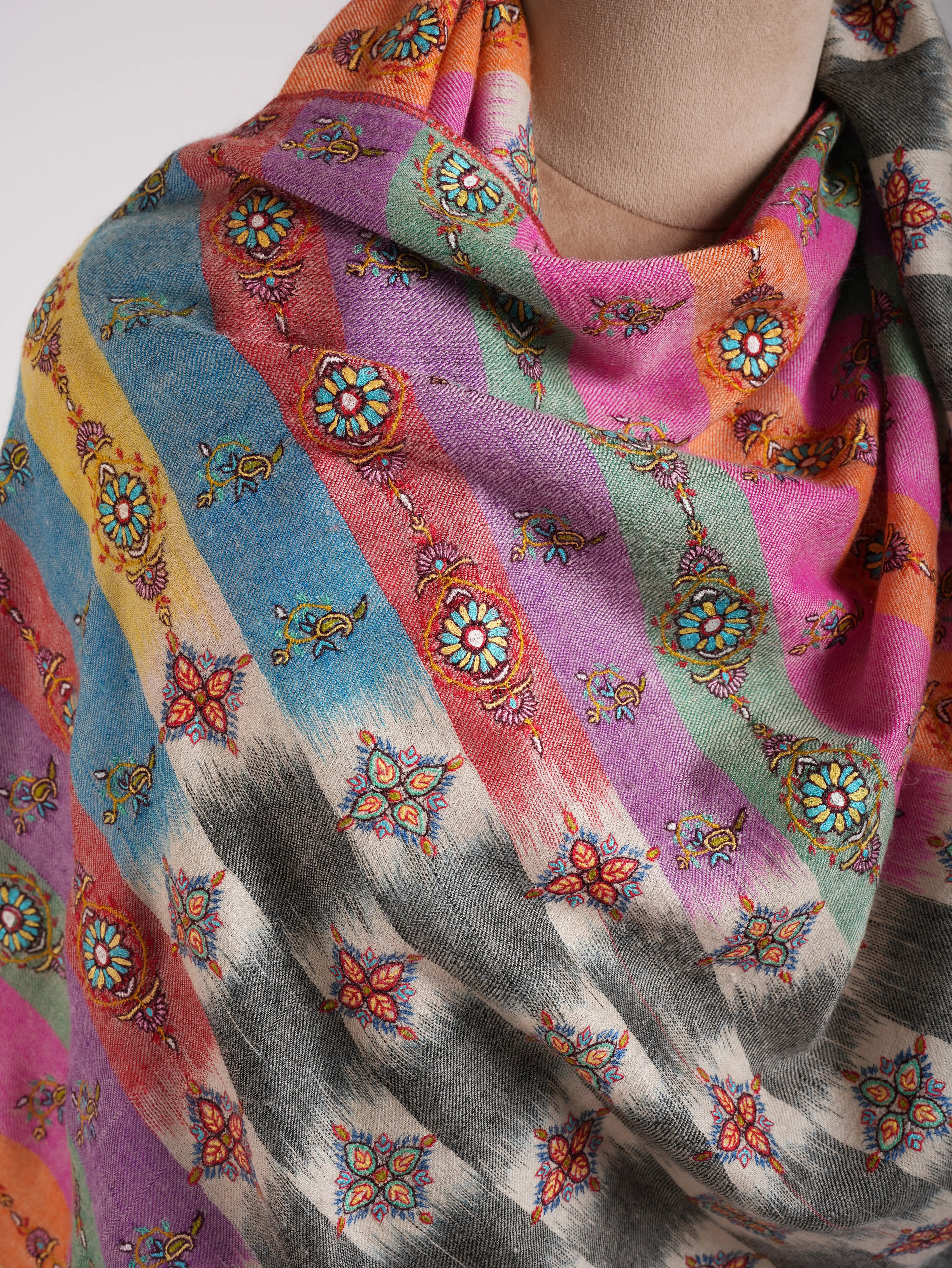 Multicolor Handwoven Ikat Embroidered Kashmiri Pashmina Shawl Shahkaar