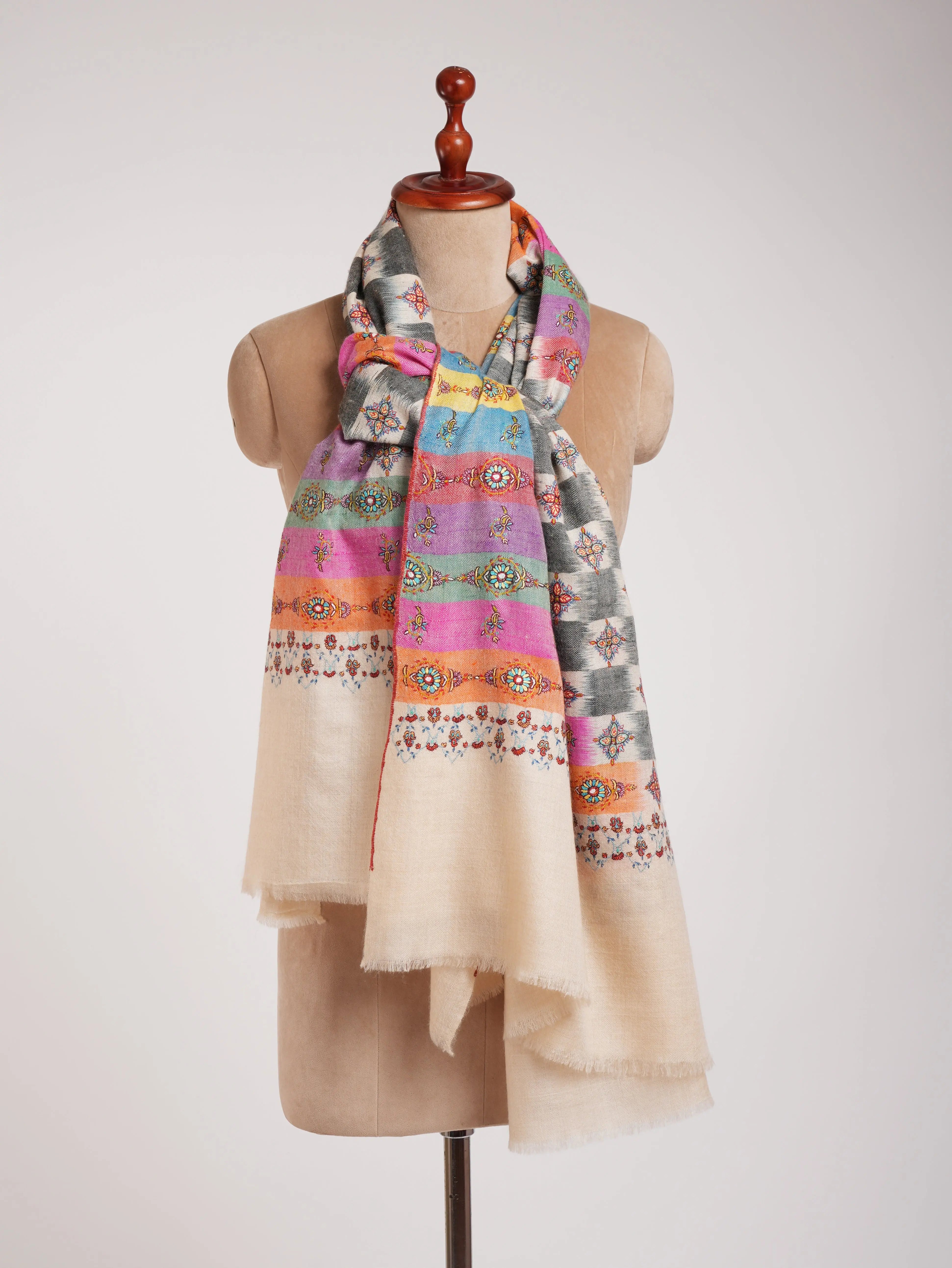 Multicolor Handwoven Ikat Embroidered Kashmiri Pashmina Shawl Shahkaar