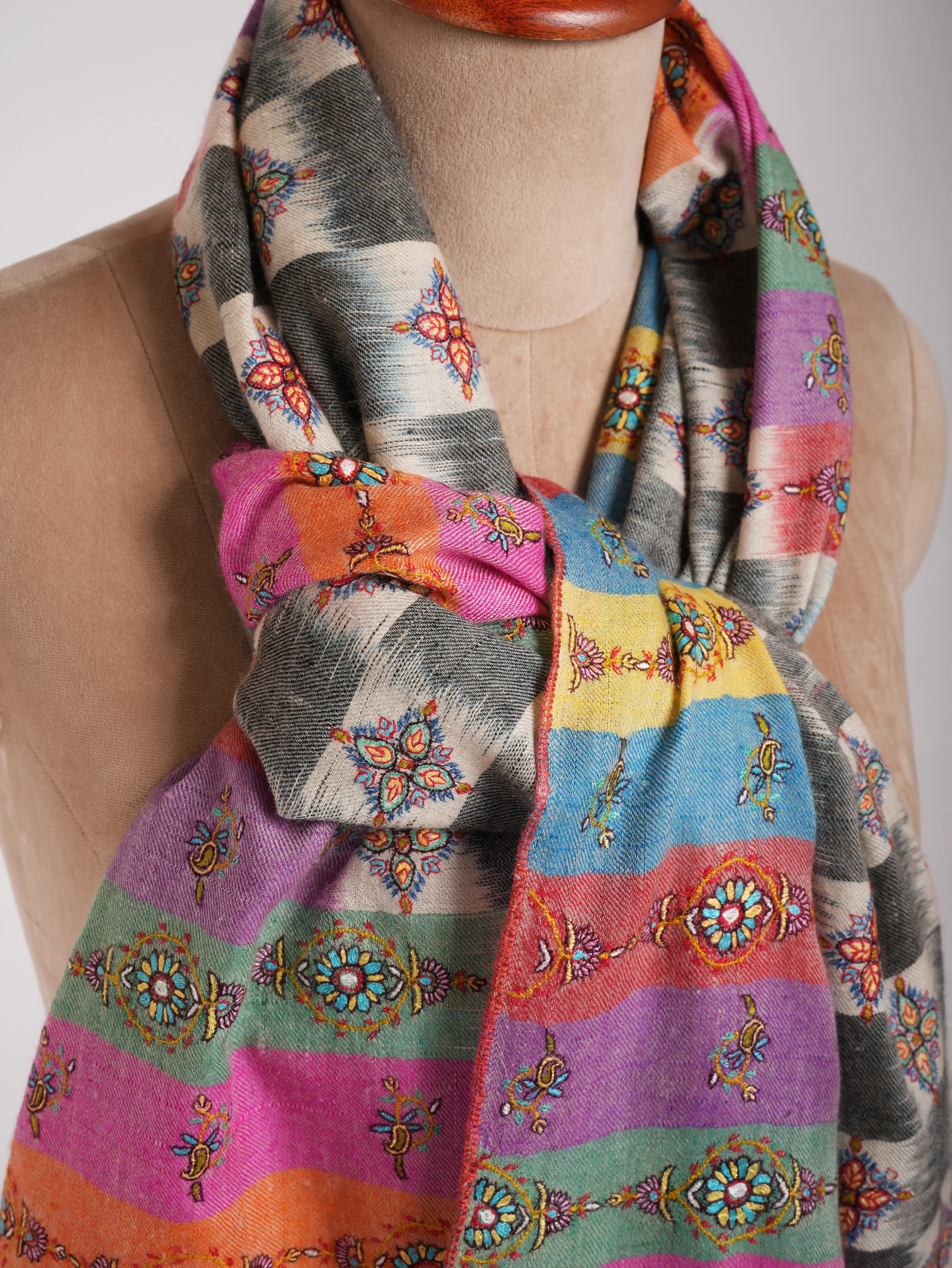 Multicolor Handwoven Ikat Embroidered Kashmiri Pashmina Shawl Shahkaar