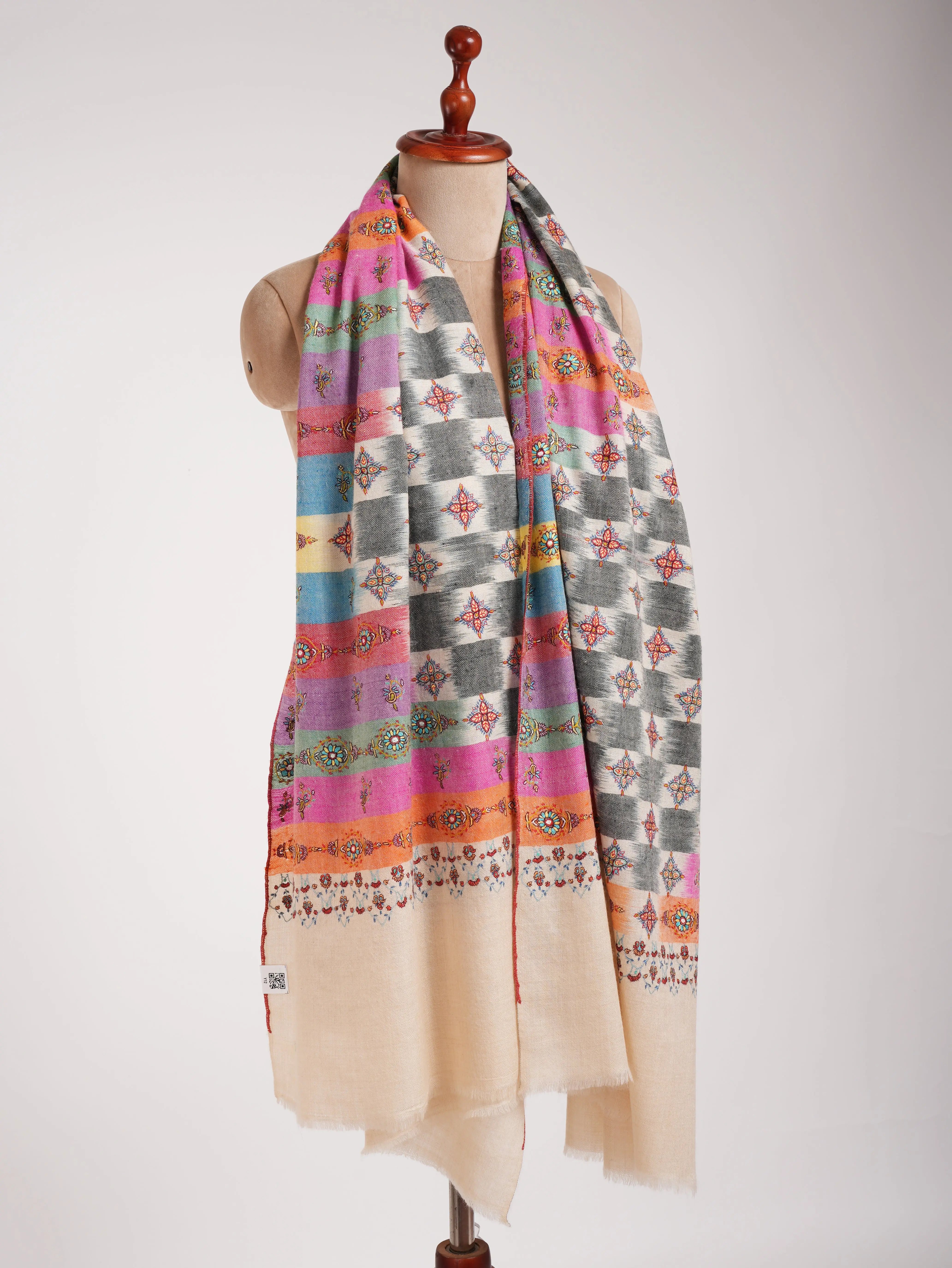 Multicolor Handwoven Ikat Embroidered Kashmiri Pashmina Shawl Shahkaar