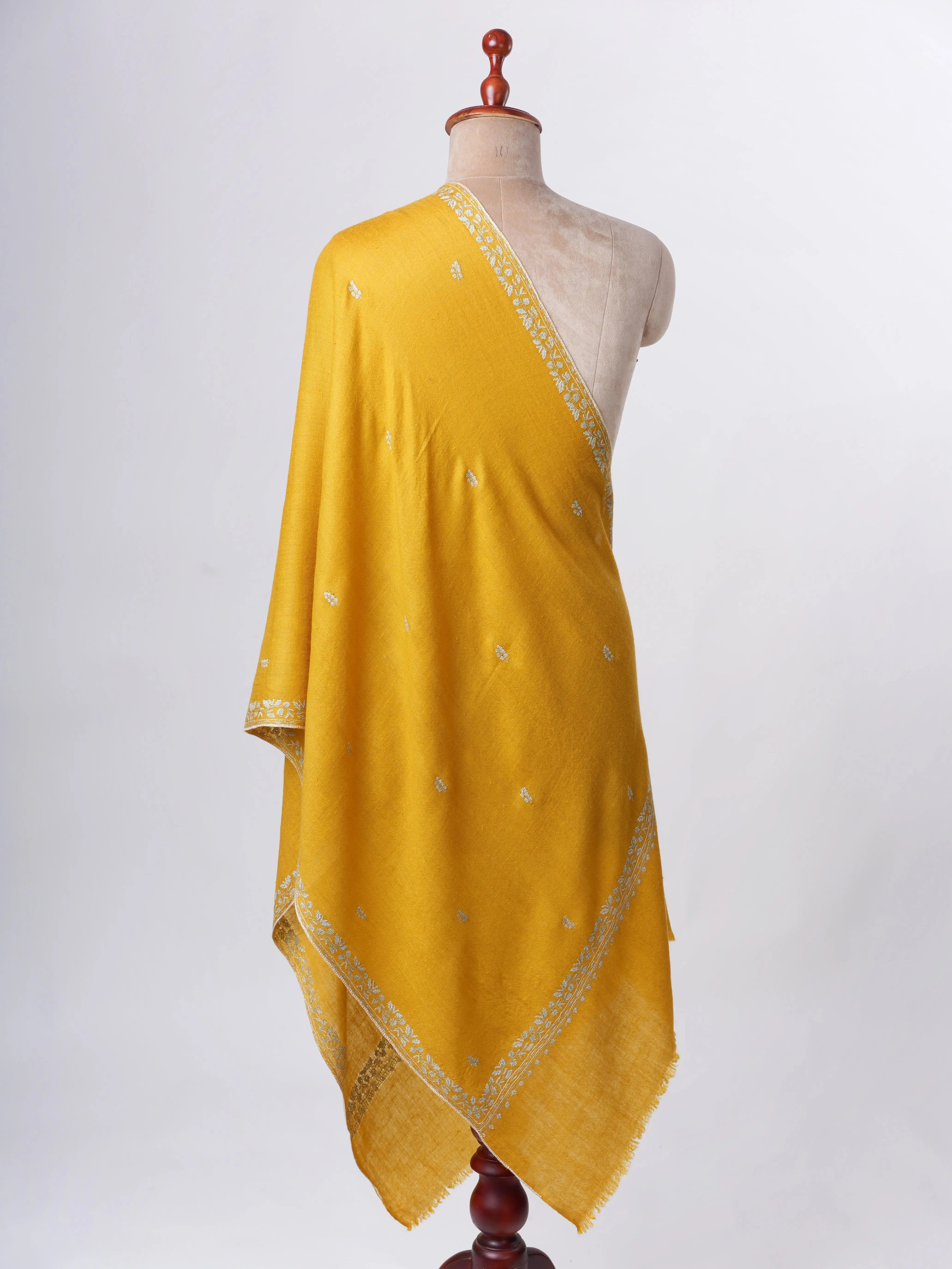 Mustard Baby Soft Cashmere Scarf with Intricate Needlework – Wearable Art Shahkaar