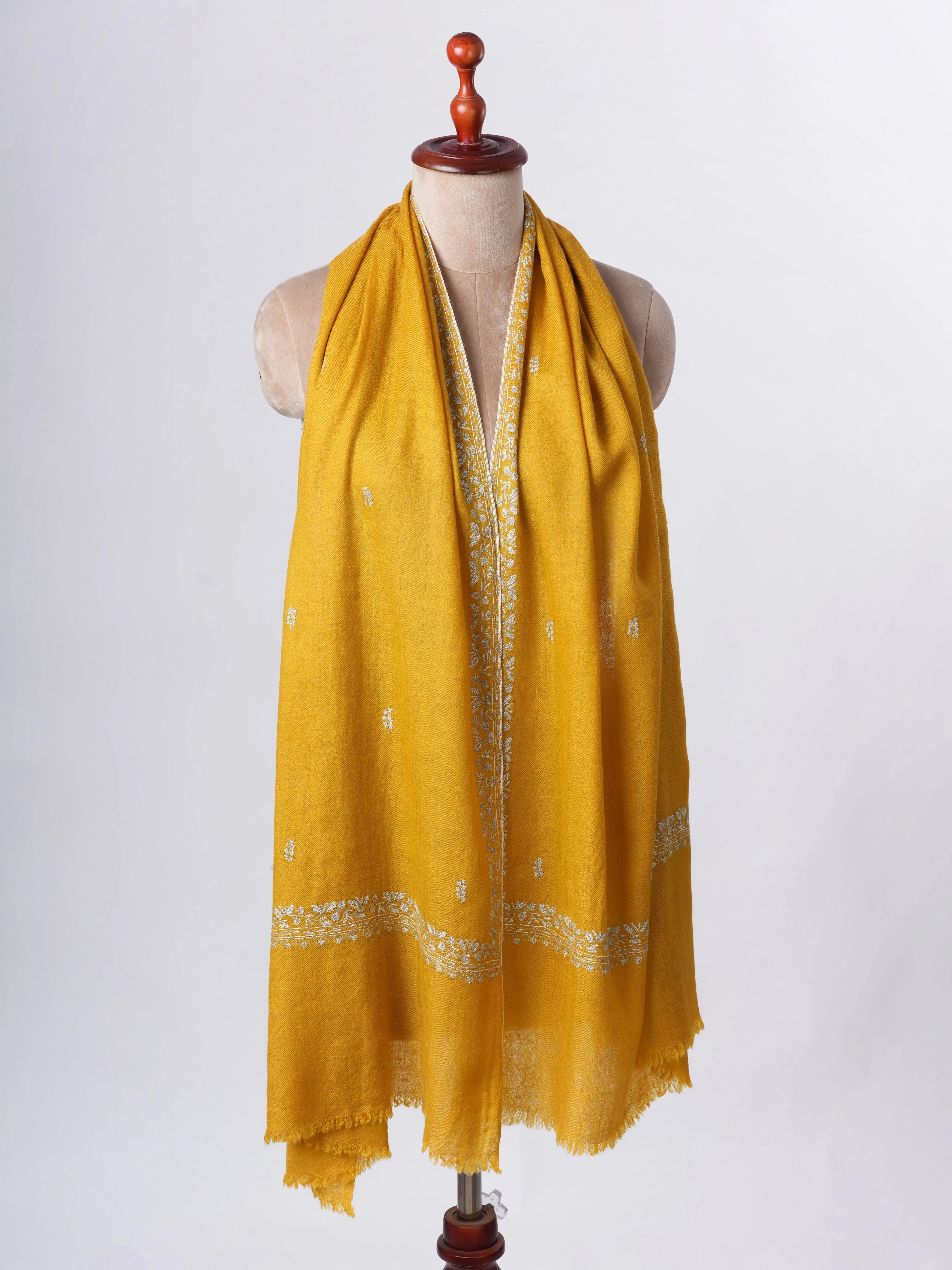 Mustard Baby Soft Cashmere Scarf with Intricate Needlework – Wearable Art Shahkaar