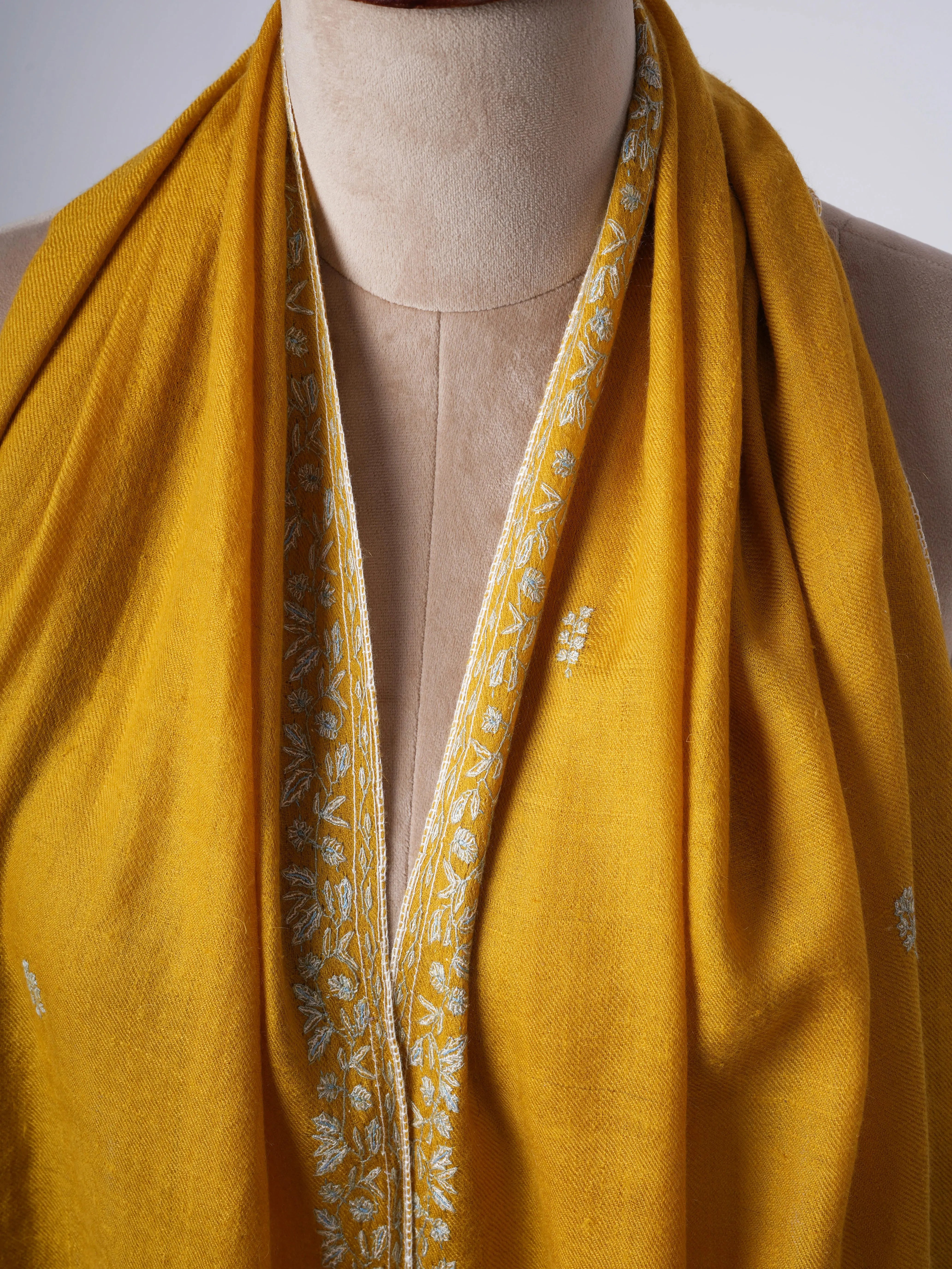 Mustard Baby Soft Cashmere Scarf with Intricate Needlework – Wearable Art Shahkaar