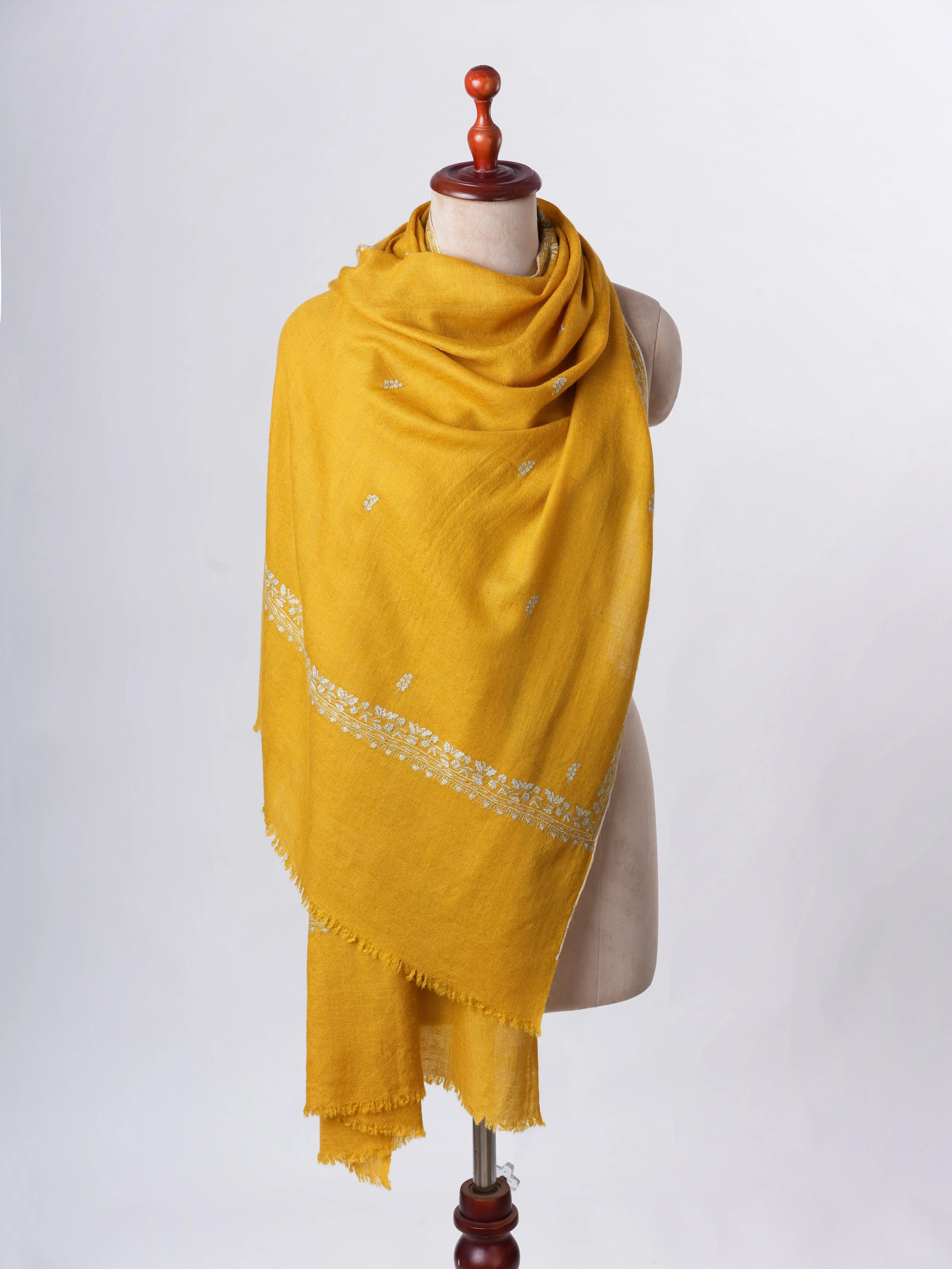 Mustard Baby Soft Cashmere Scarf with Intricate Needlework – Wearable Art Shahkaar