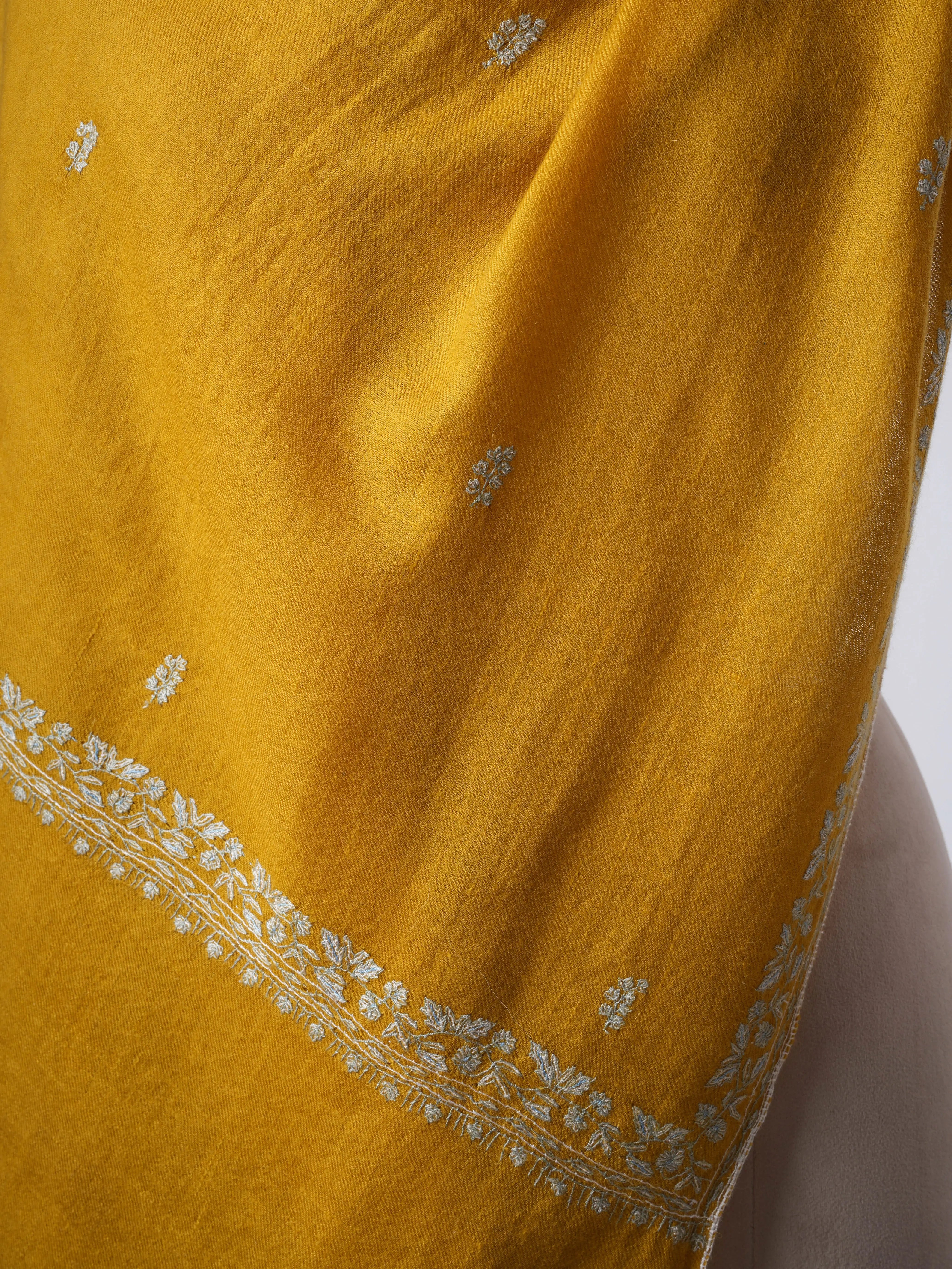Mustard Baby Soft Cashmere Scarf with Intricate Needlework – Wearable Art Shahkaar