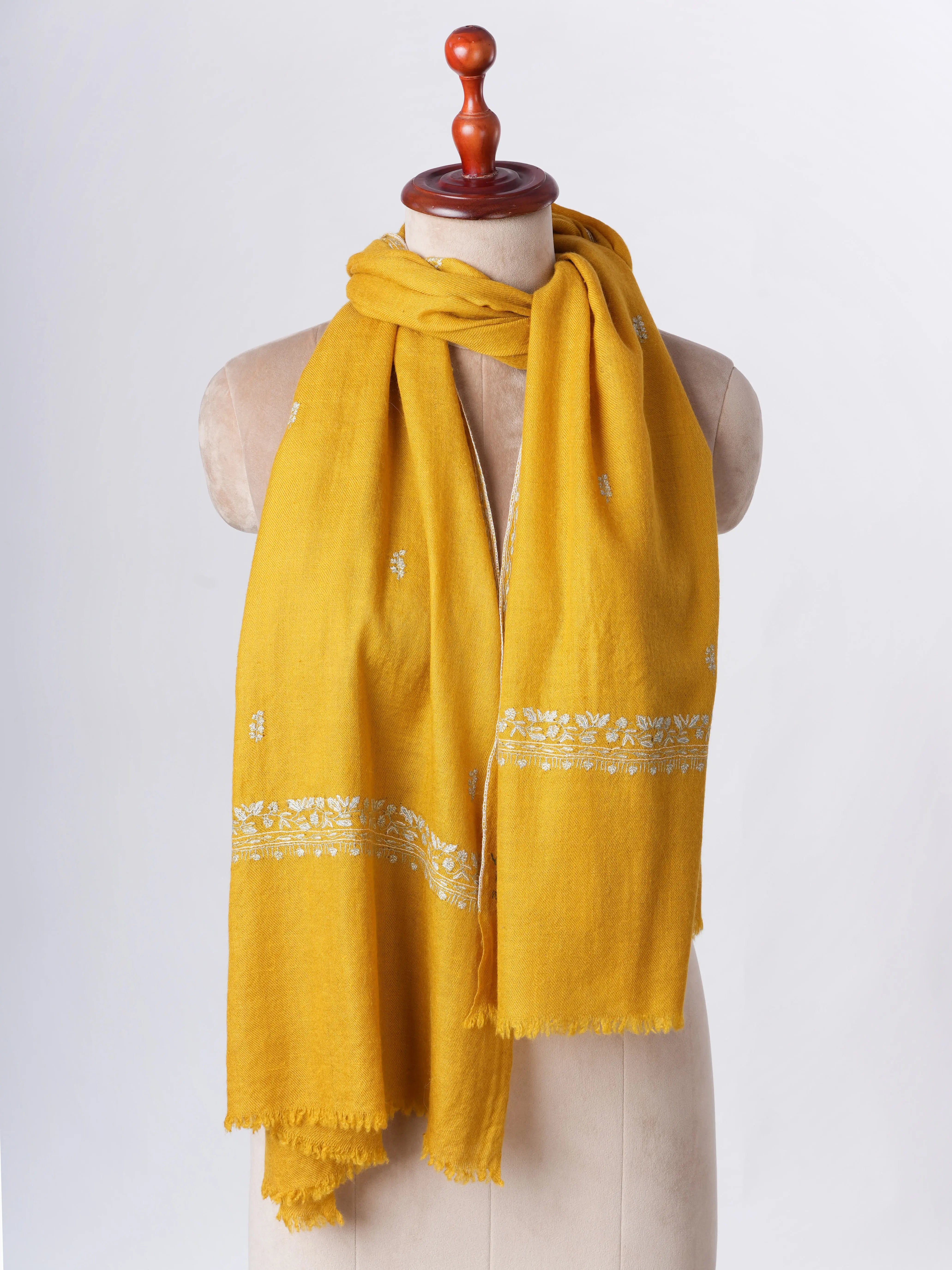 Mustard Baby Soft Cashmere Scarf with Intricate Needlework – Wearable Art Shahkaar
