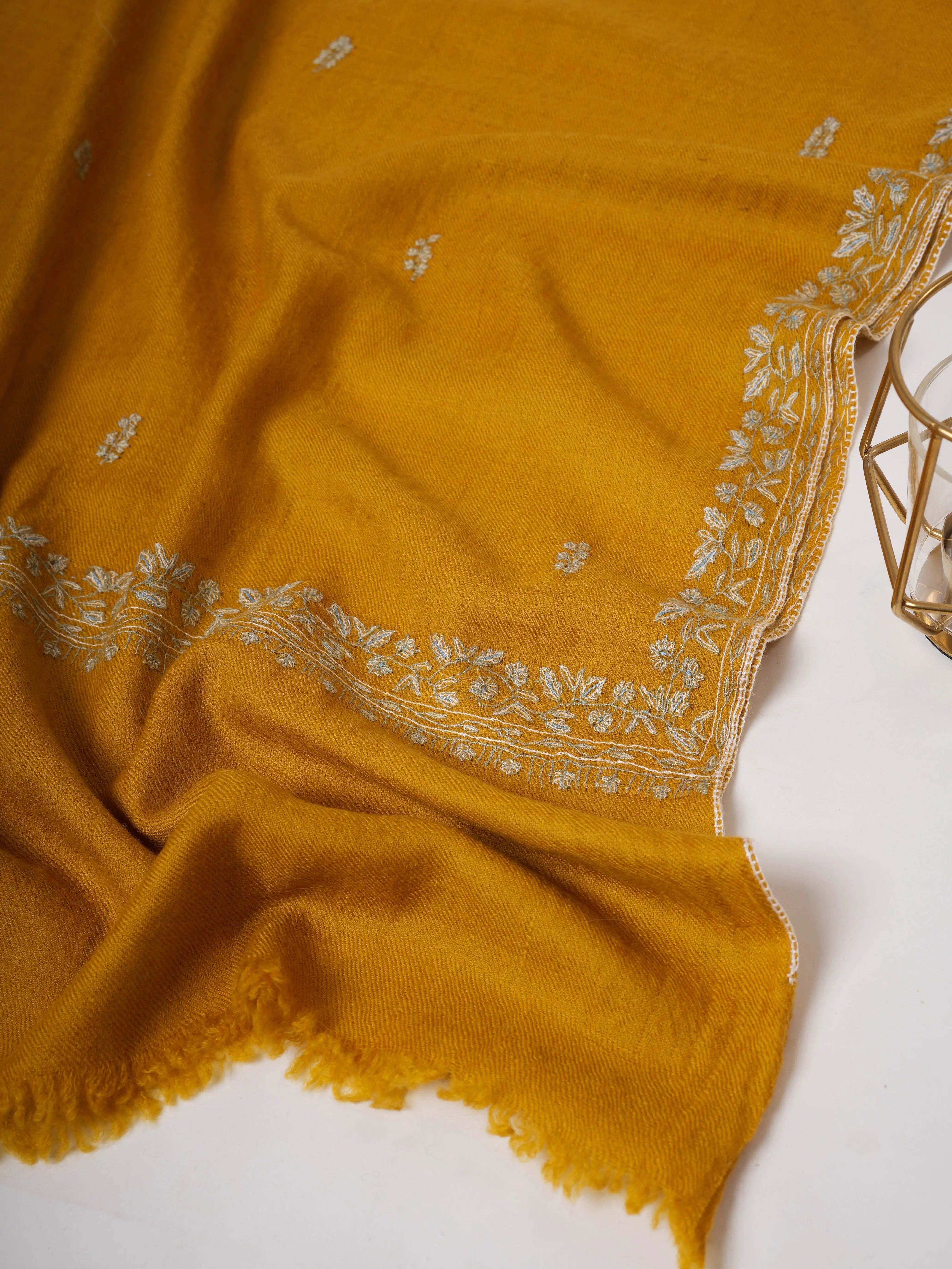 Mustard Baby Soft Cashmere Scarf with Intricate Needlework – Wearable Art Shahkaar