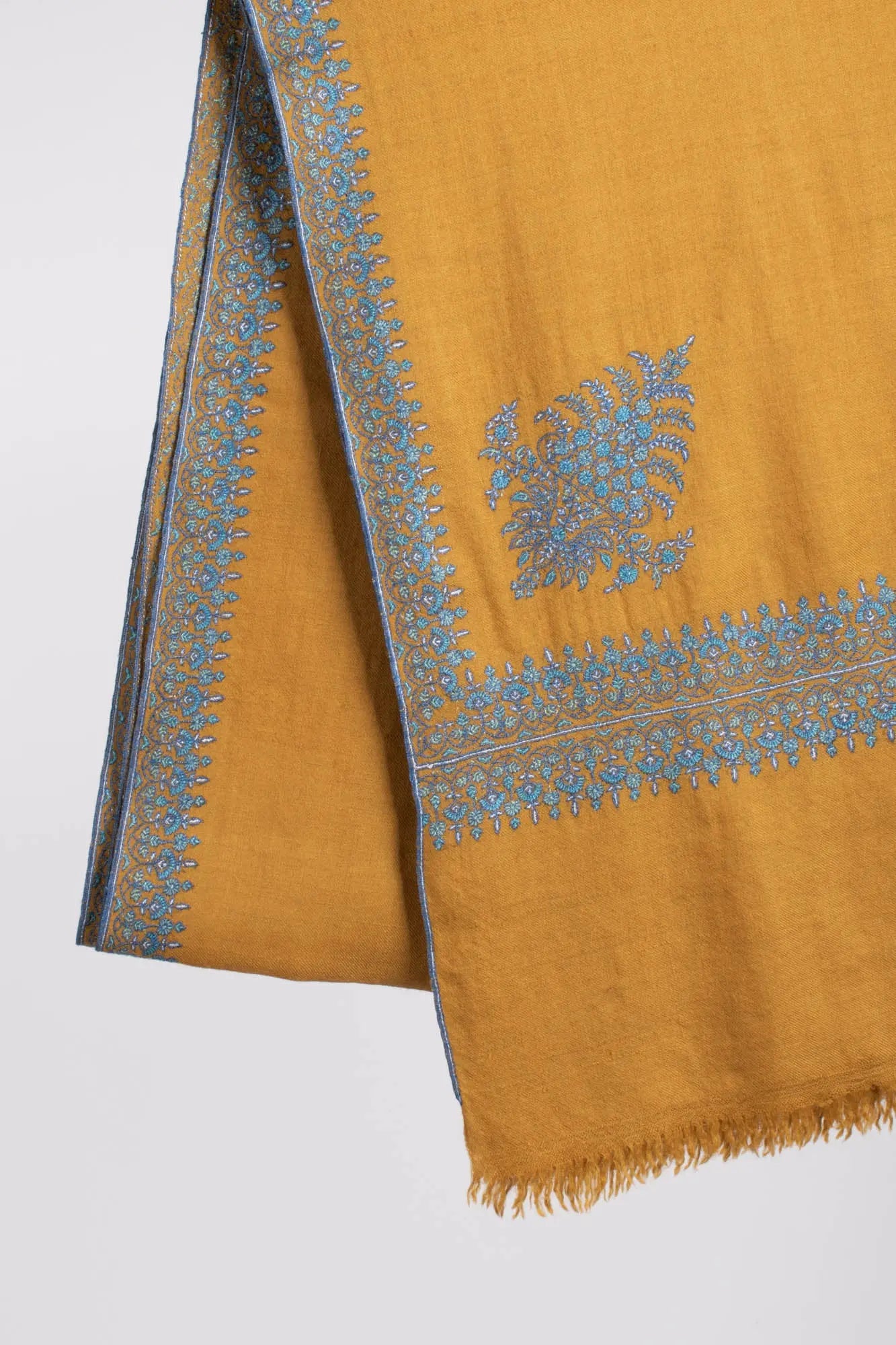Mustard Embroidered Pure Pashmina Shawl - CULVER Shahkaar