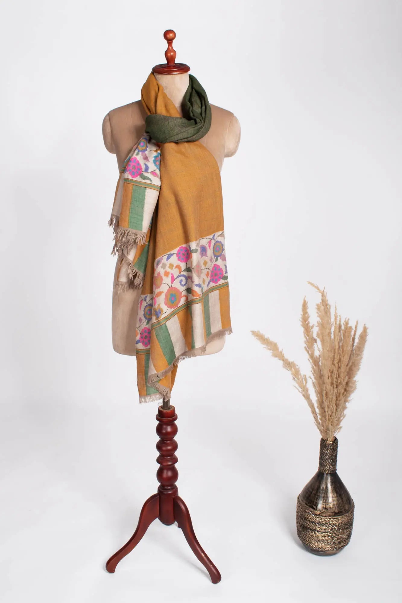 Mustard Green Dual Shade Kashmiri Kani Pashmina Shawl - NOGALES Shahkaar