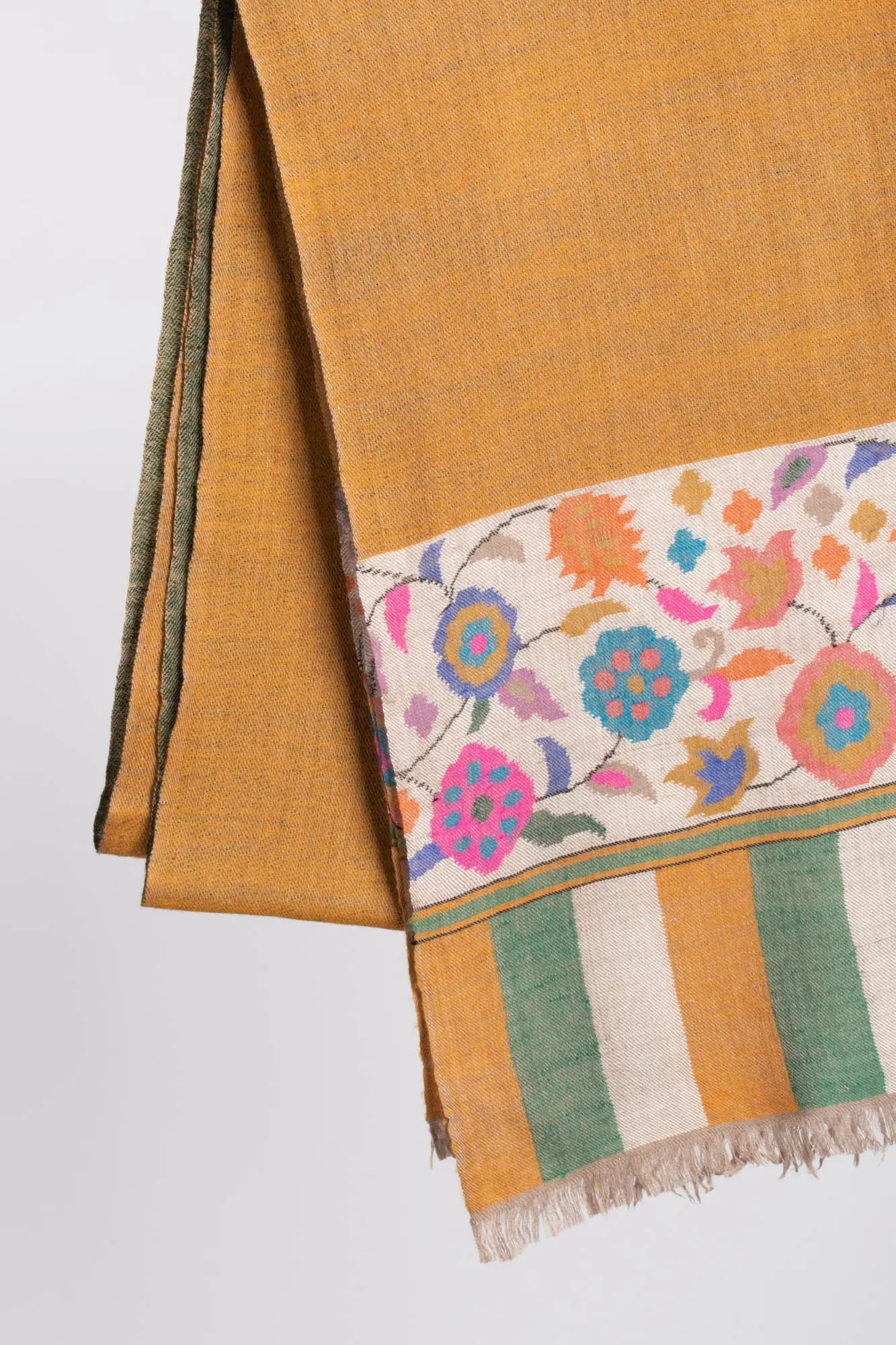 Mustard Green Dual Shade Kashmiri Kani Pashmina Shawl - NOGALES Shahkaar