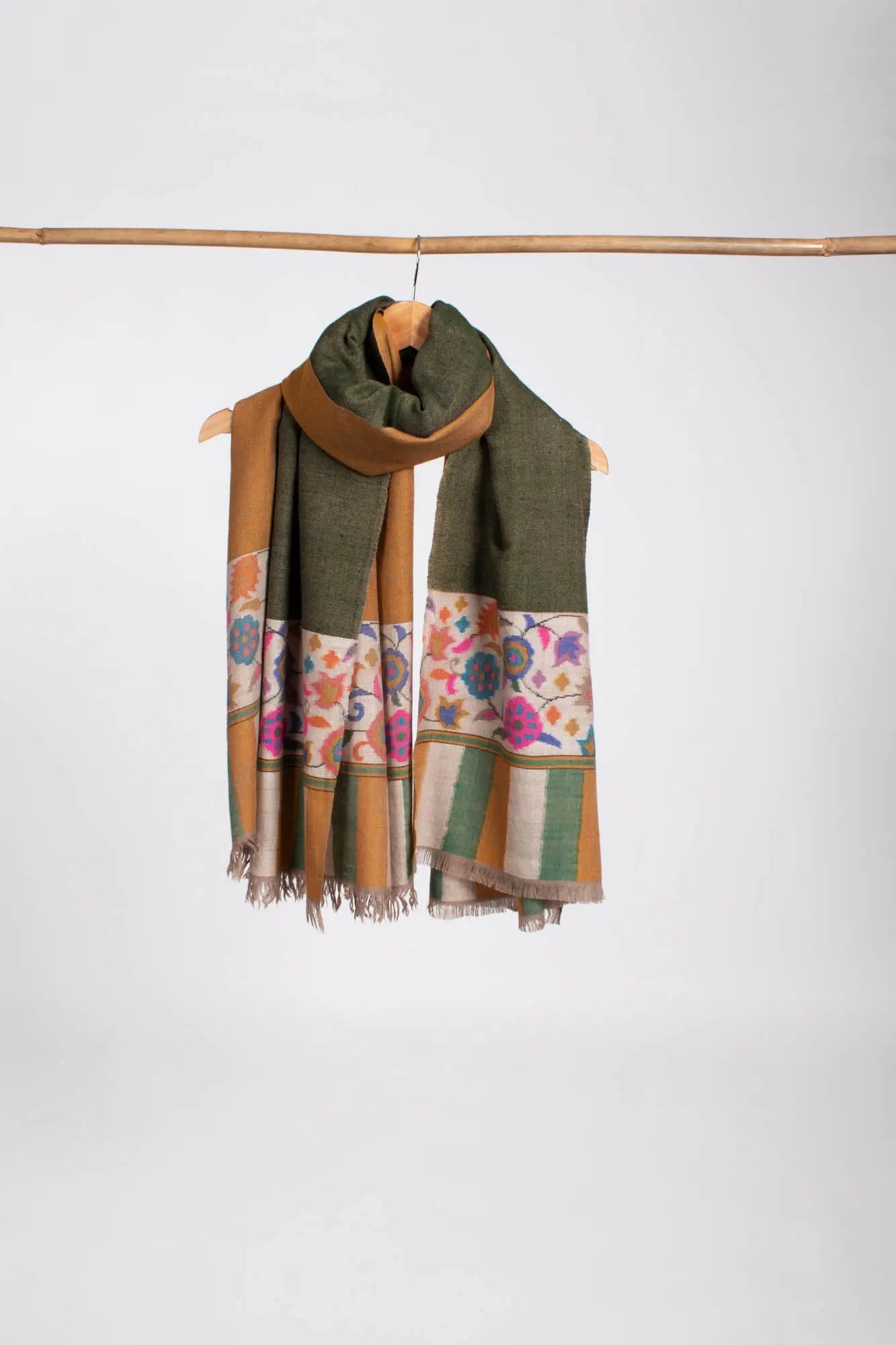 Mustard Green Dual Shade Kashmiri Kani Pashmina Shawl - NOGALES Shahkaar