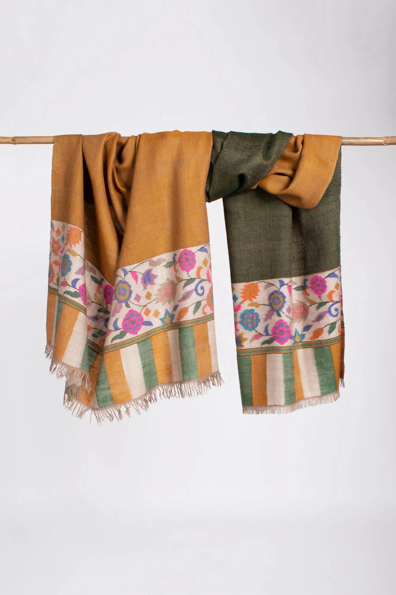 Mustard Green Dual Shade Kashmiri Kani Pashmina Shawl - NOGALES Shahkaar