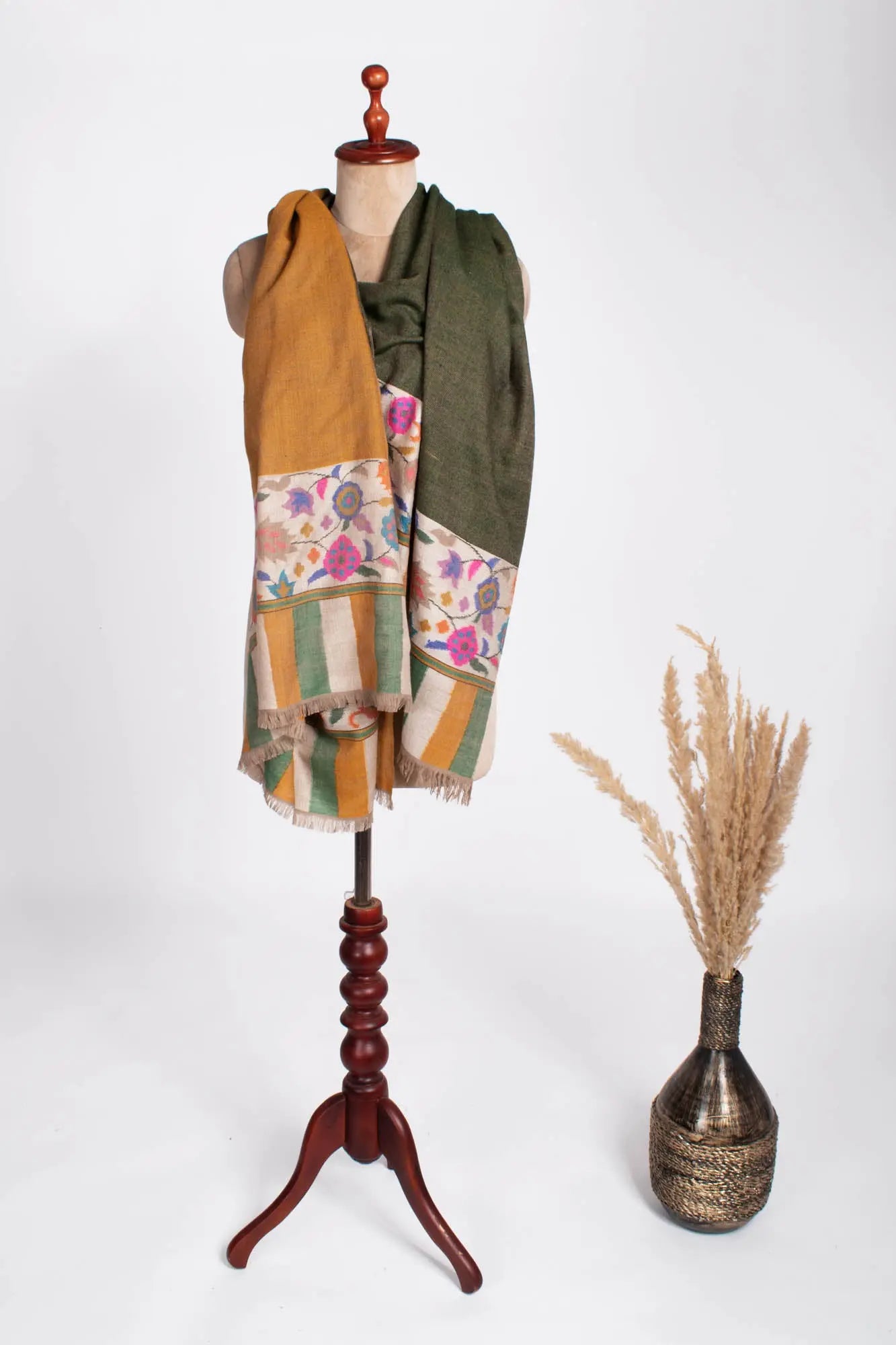 Mustard Green Dual Shade Kashmiri Kani Pashmina Shawl - NOGALES Shahkaar